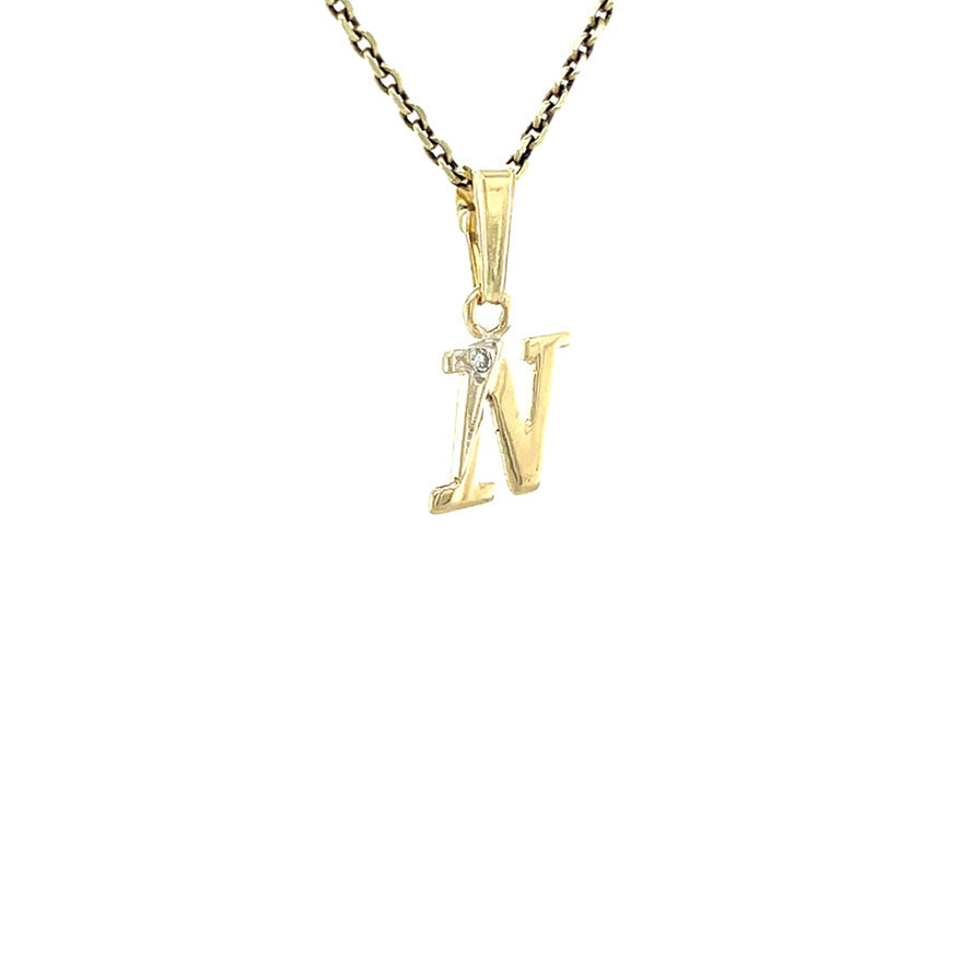 Gouden vintage letter 'N' hanger met diamant 14 kt