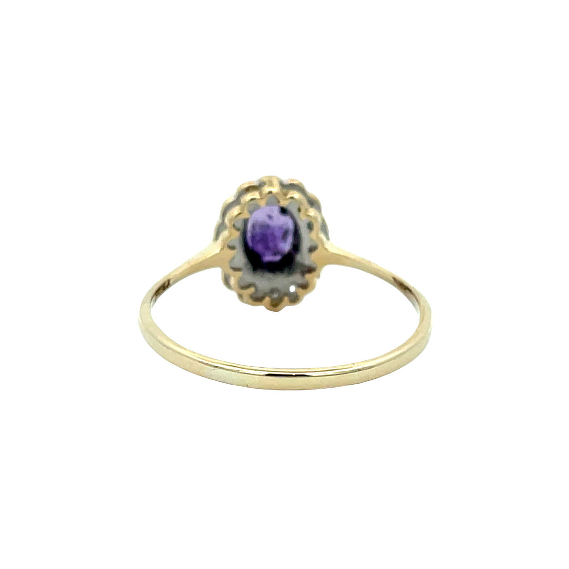 Vintage entourage ring met amethist en diamant 9 kt