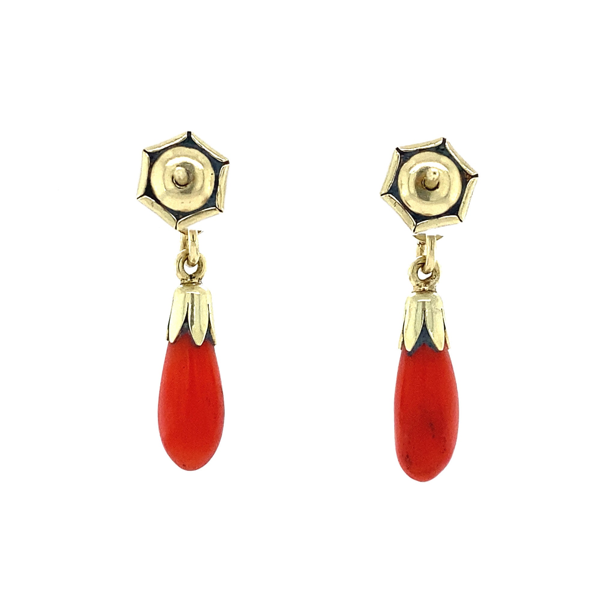 14 kt gold stud earrings with blood coral