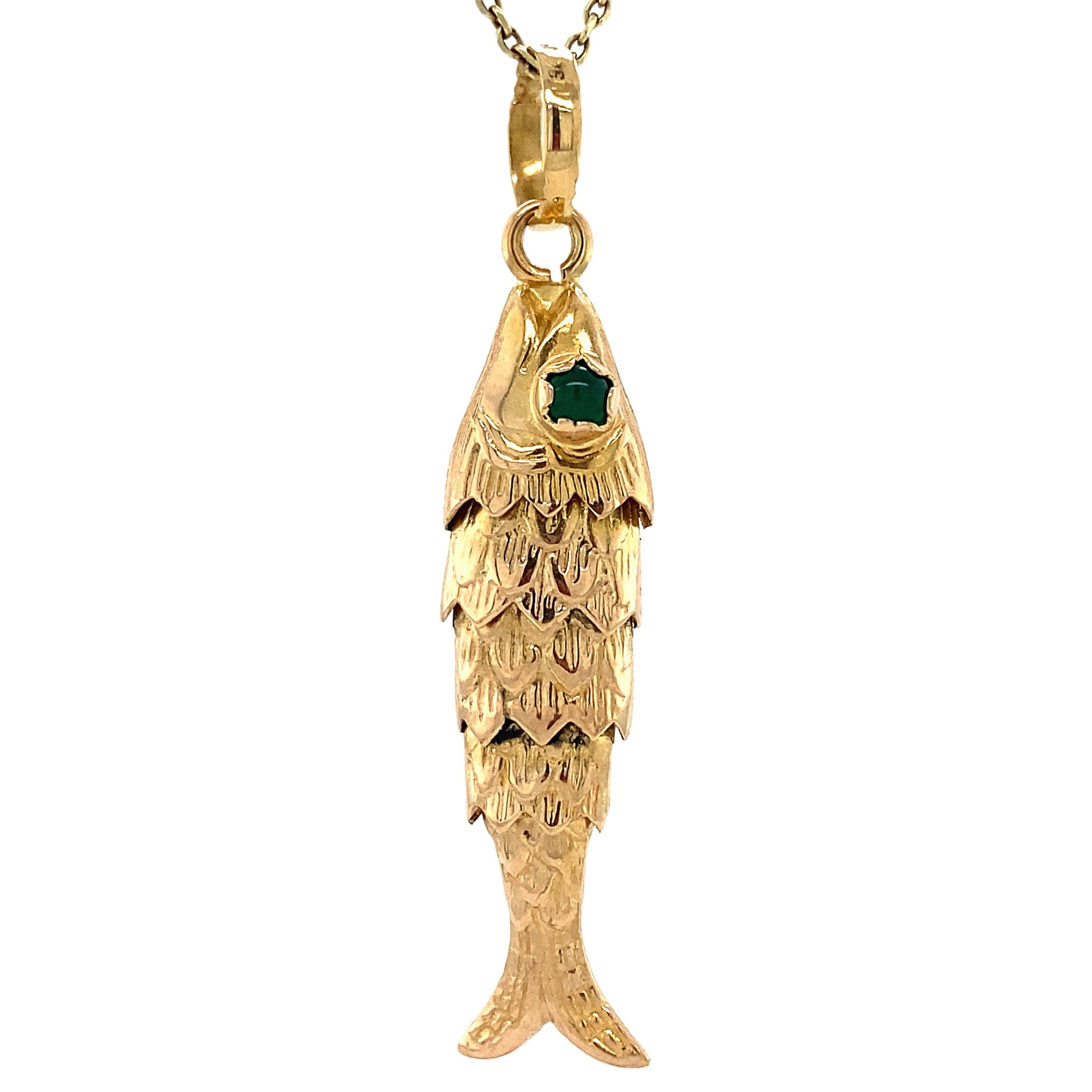 18 kt gold fish pendant with colored gemstone