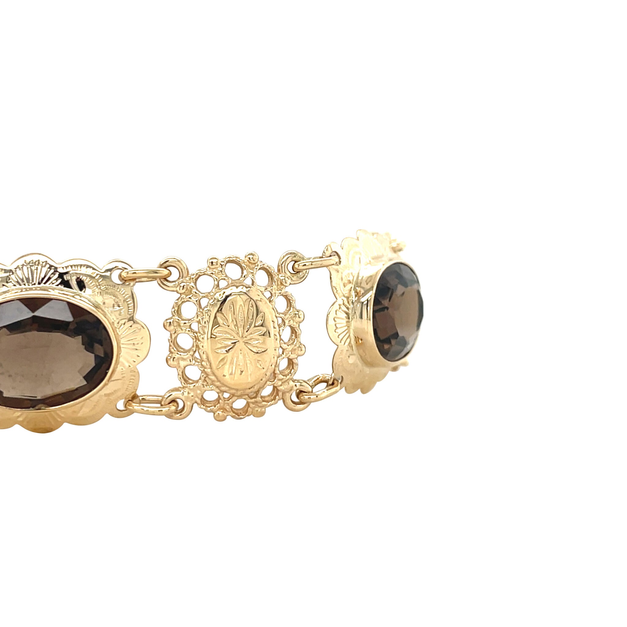 Vintage gold boot charm bracelet with smoky quartz, 14 kt