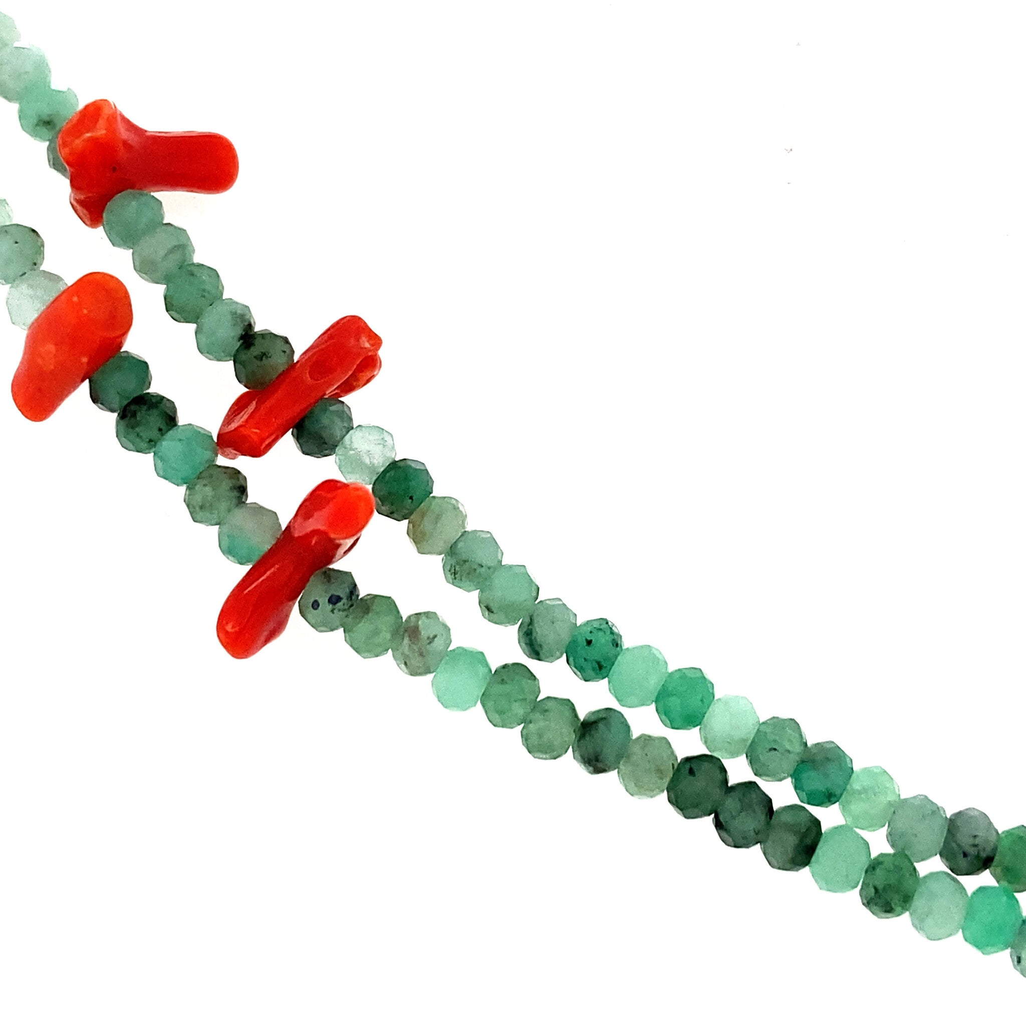 Emerald necklace with blood coral, 14 kt