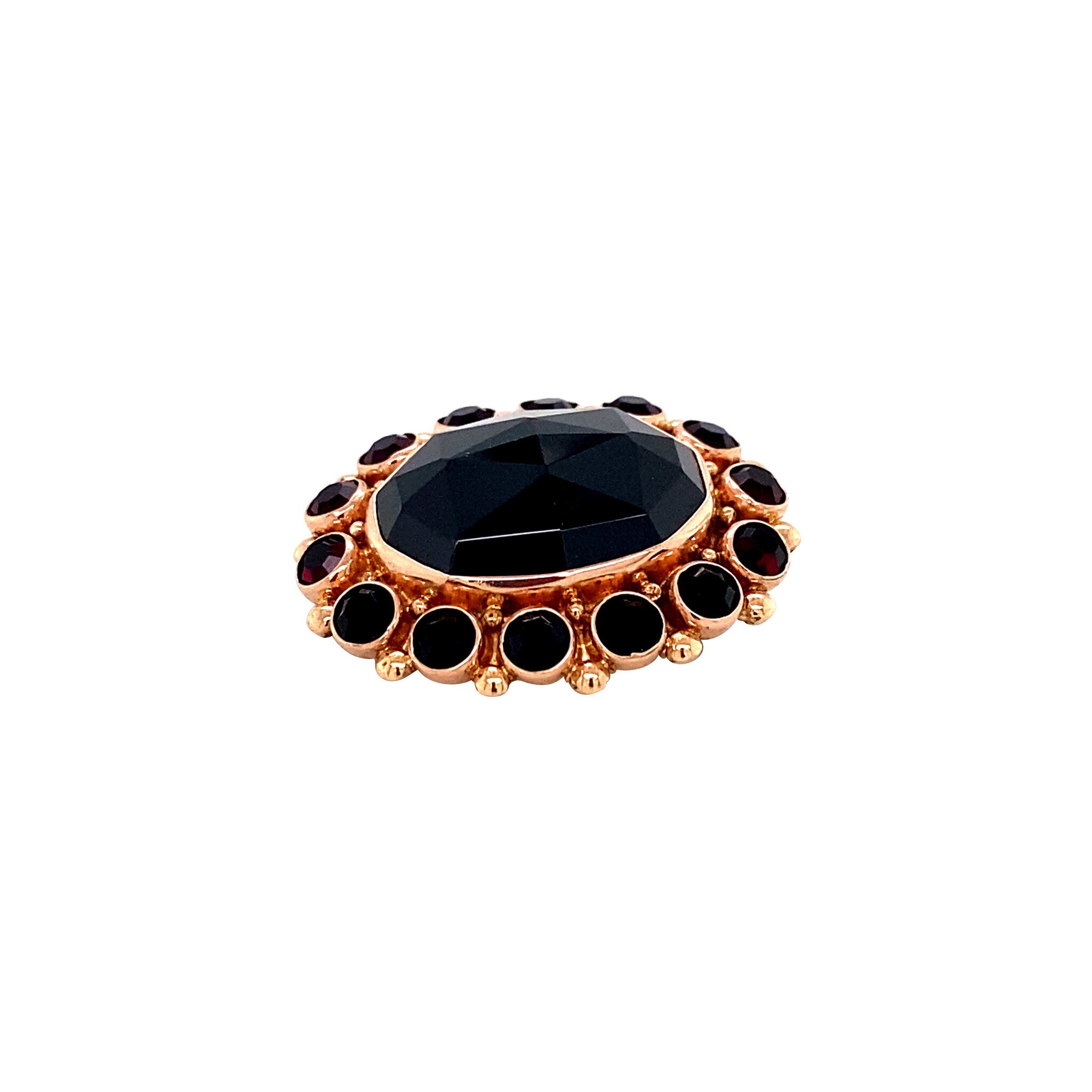 Gouden entourage broche met granaat 14 krt