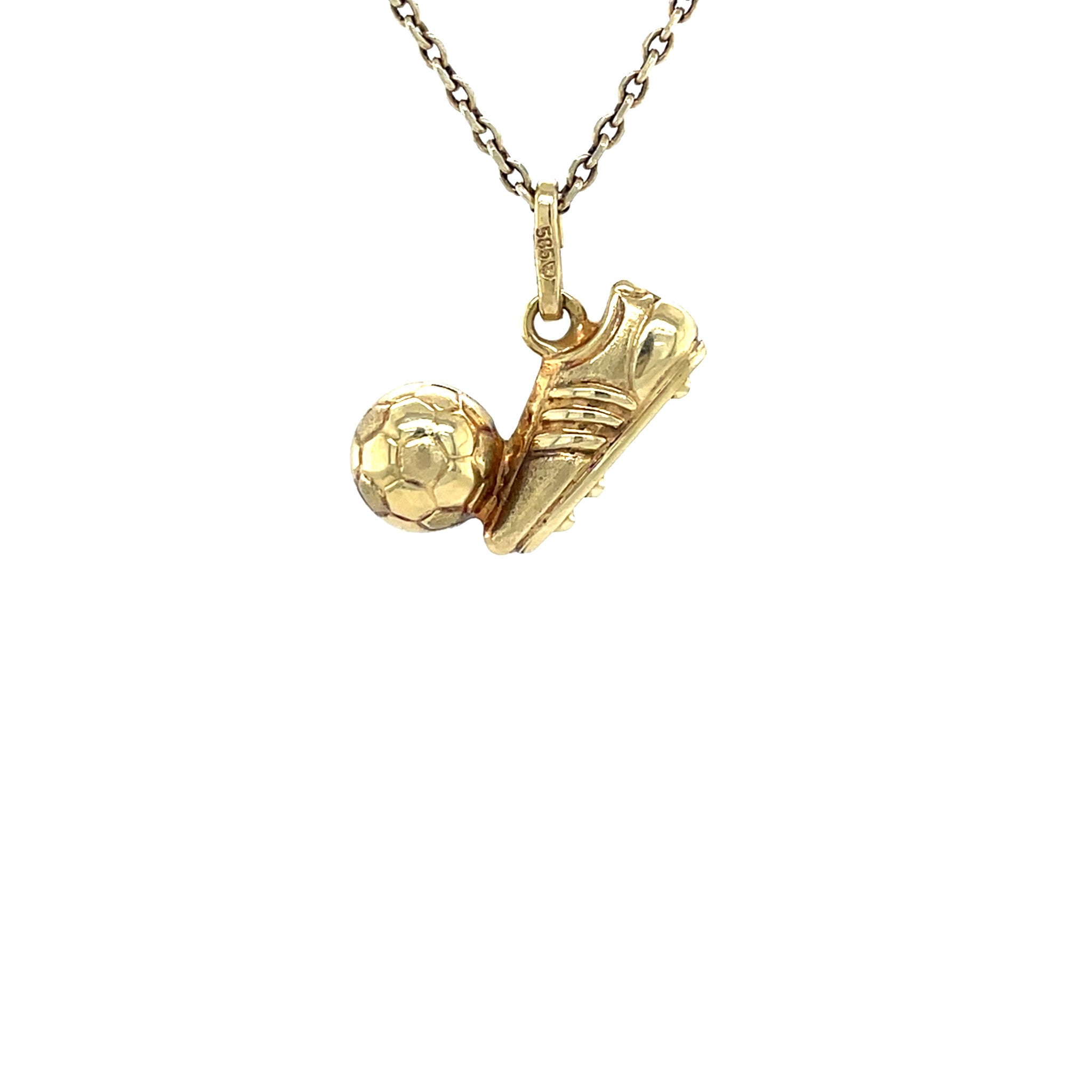 Gouden vintage voetbal schoen met bal hanger 14 krt