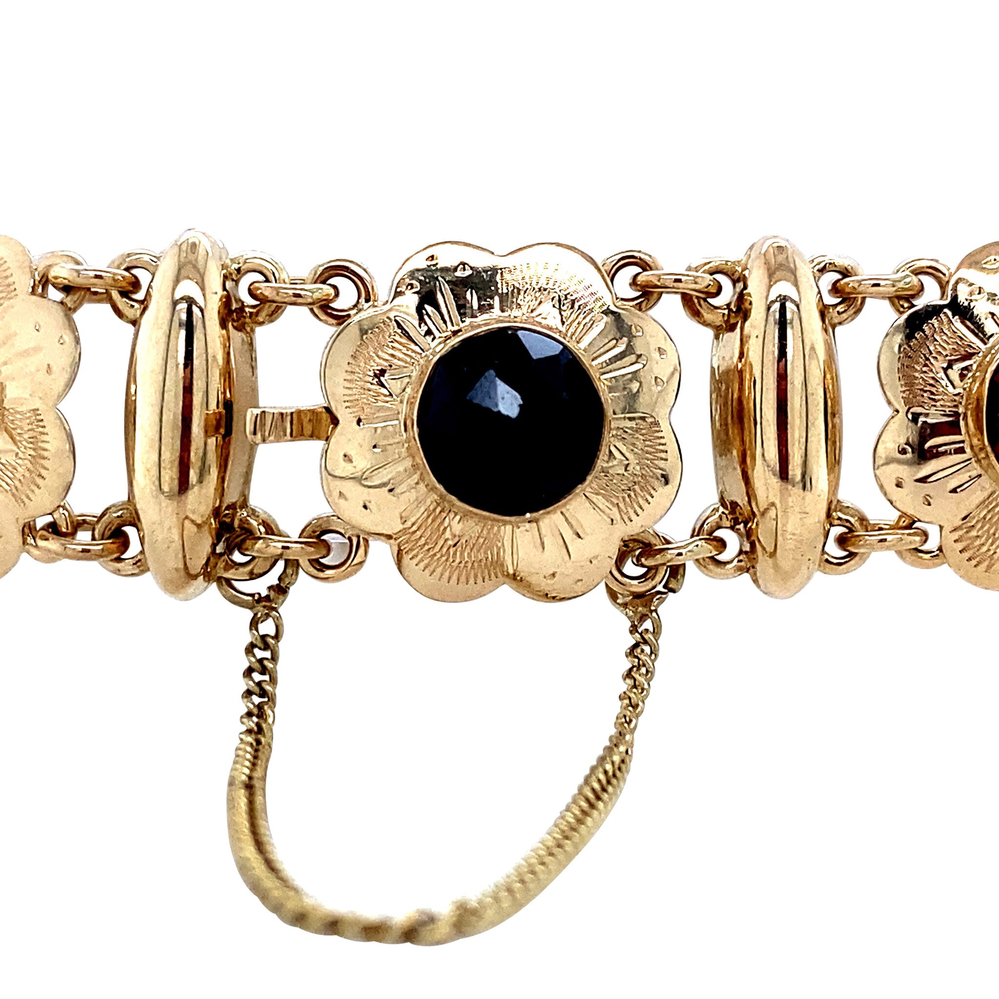 Gouden vintage bootjes armband met granaat 14 krt