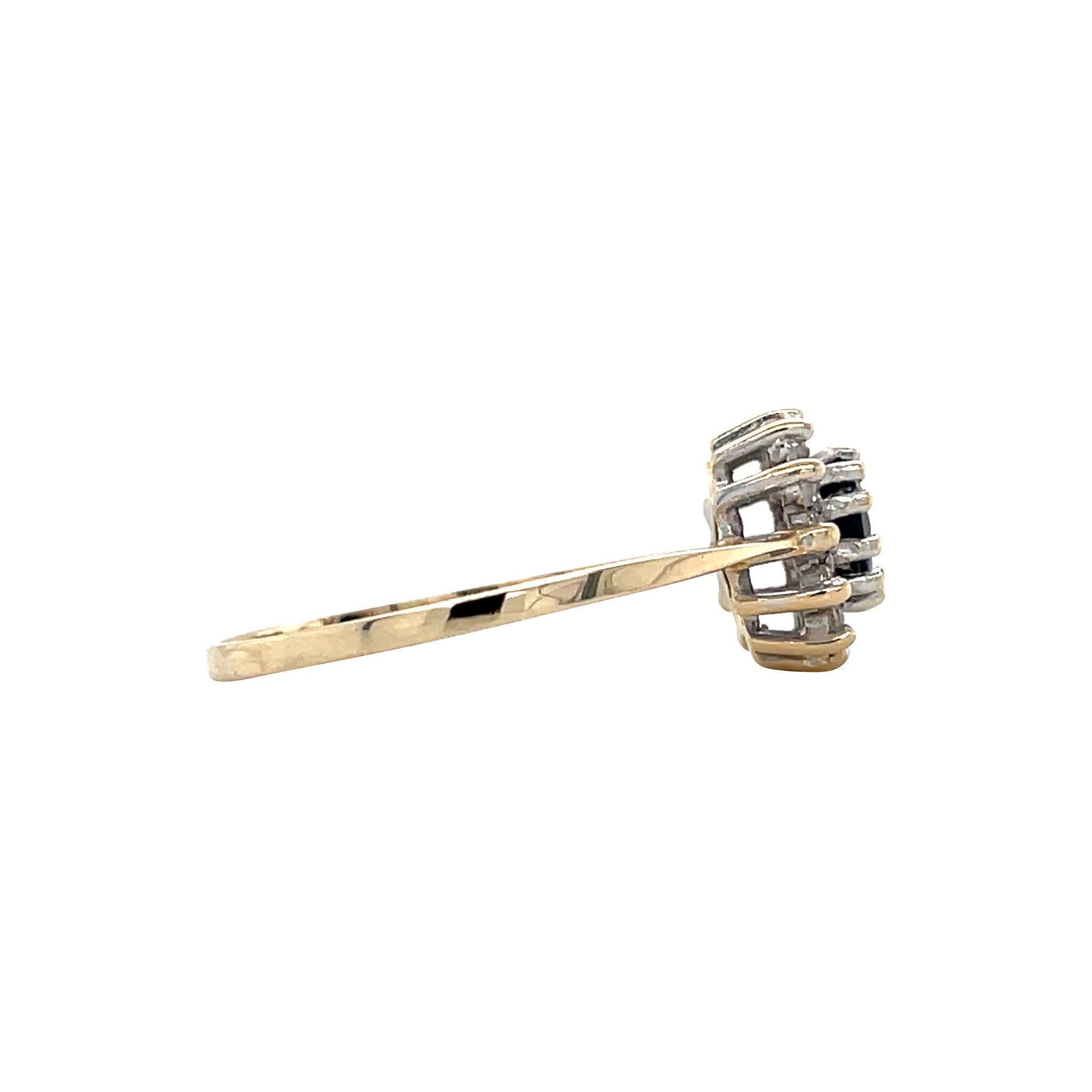Gouden vintage entourage ring met saffier en moissaniet 14 krt