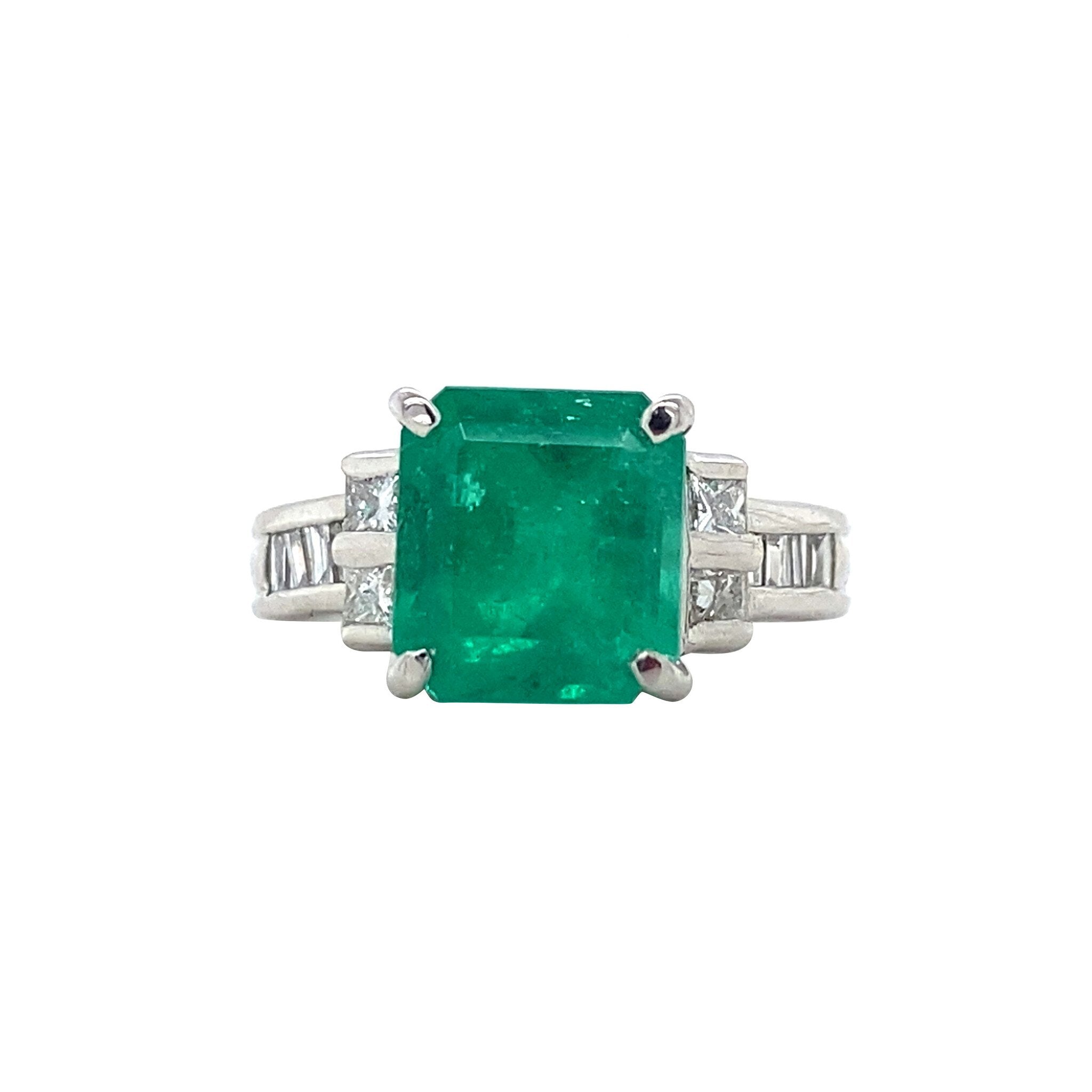 Platina vintage ring met smaragd en diamant 850