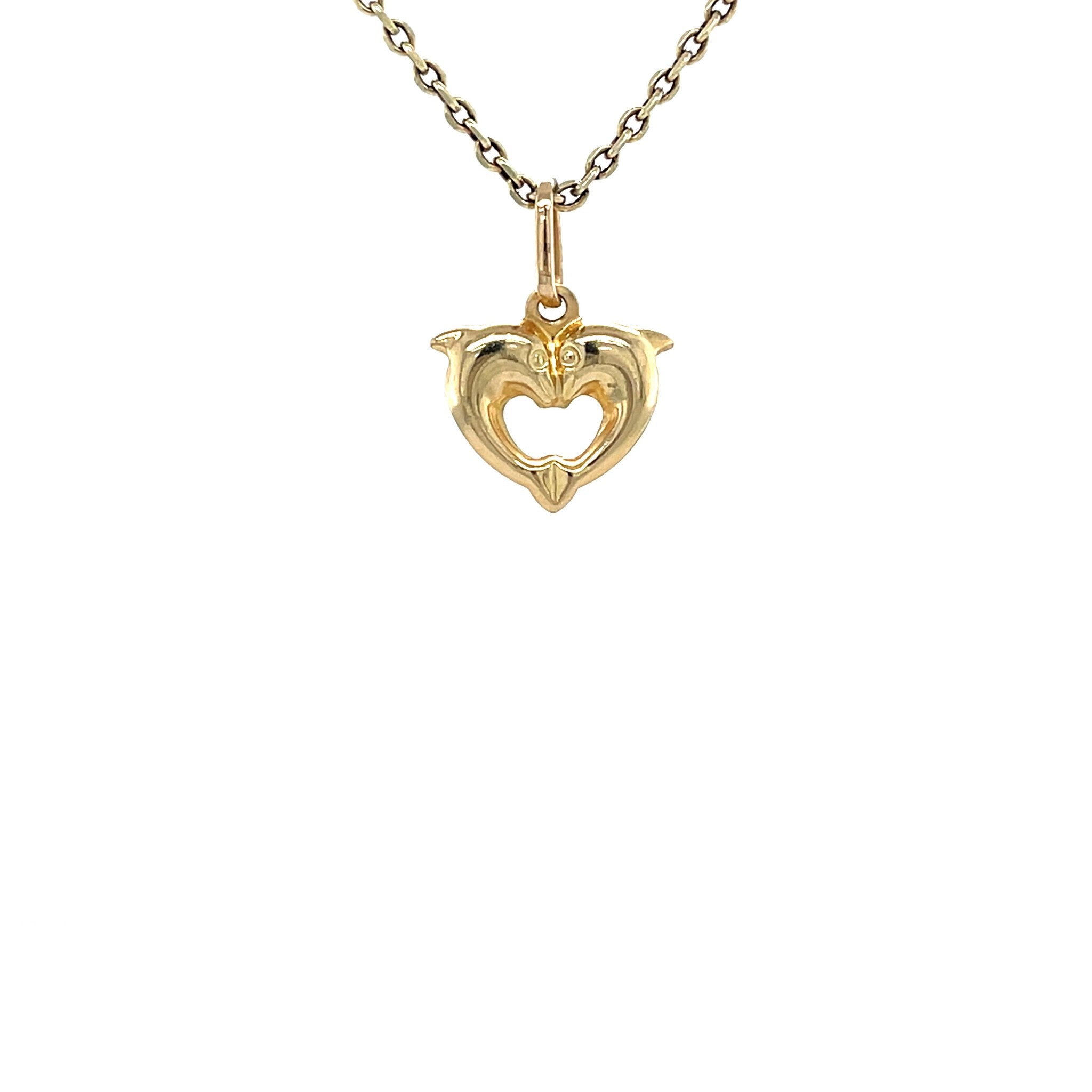 Gold vintage heart pendant with dolphins, 14 kt