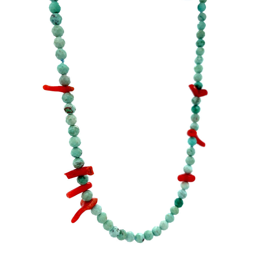 Turquoise necklace with red coral and 14 kt gold clasp
