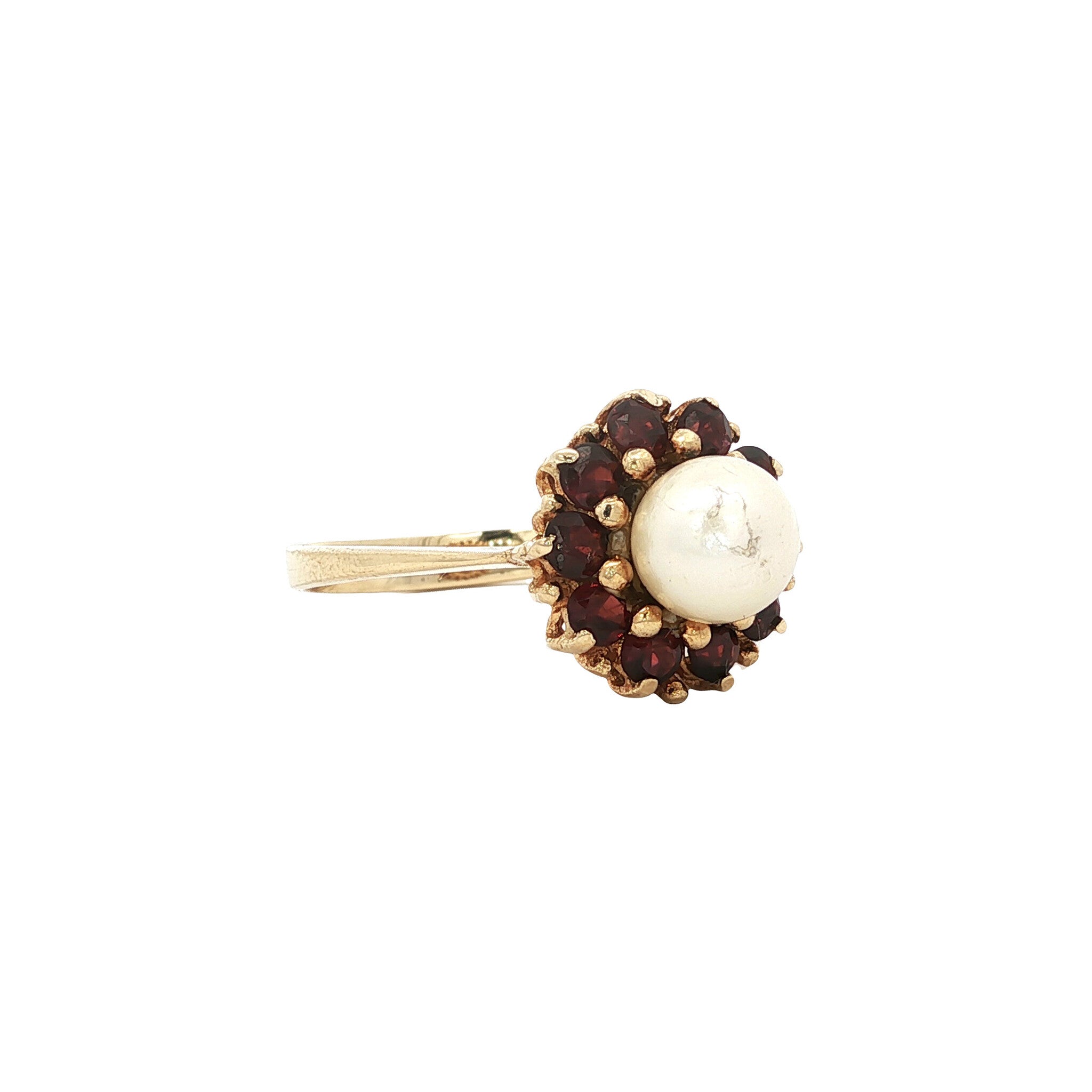 Gold ring with pearl and garnet 14 kt