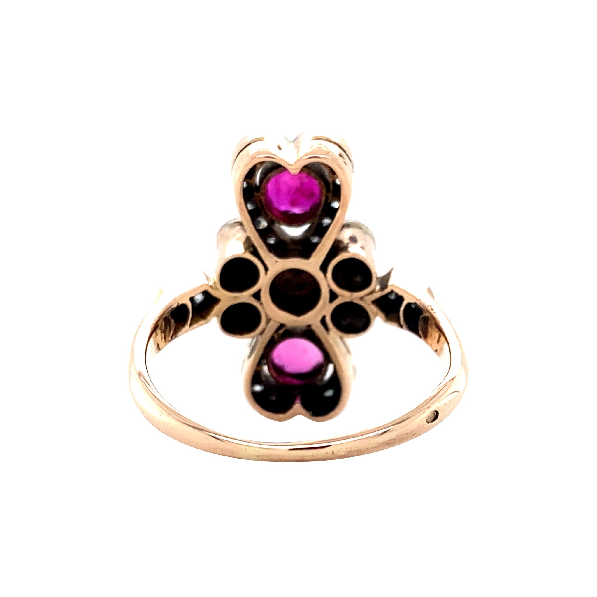 Rose-gold vintage princess ring with ruby, diamond and pearl, 14 kt