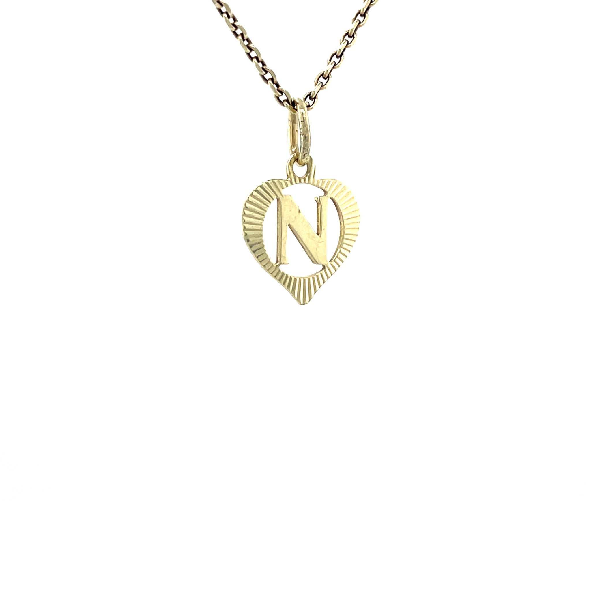 Gouden vintage hart hanger met letter N 14 krt