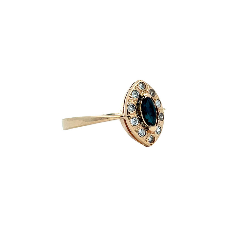 Gold vintage entourage ring with sapphire and zirconia 14 kt