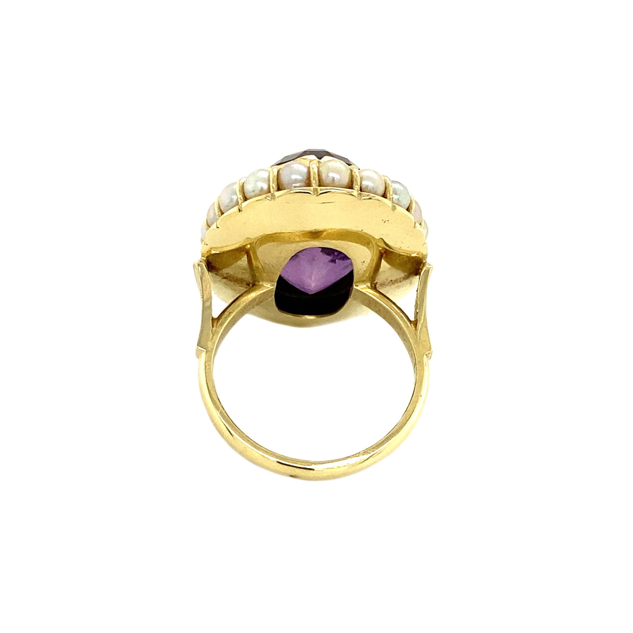 14 kt gold halo ring with amethyst and pearl