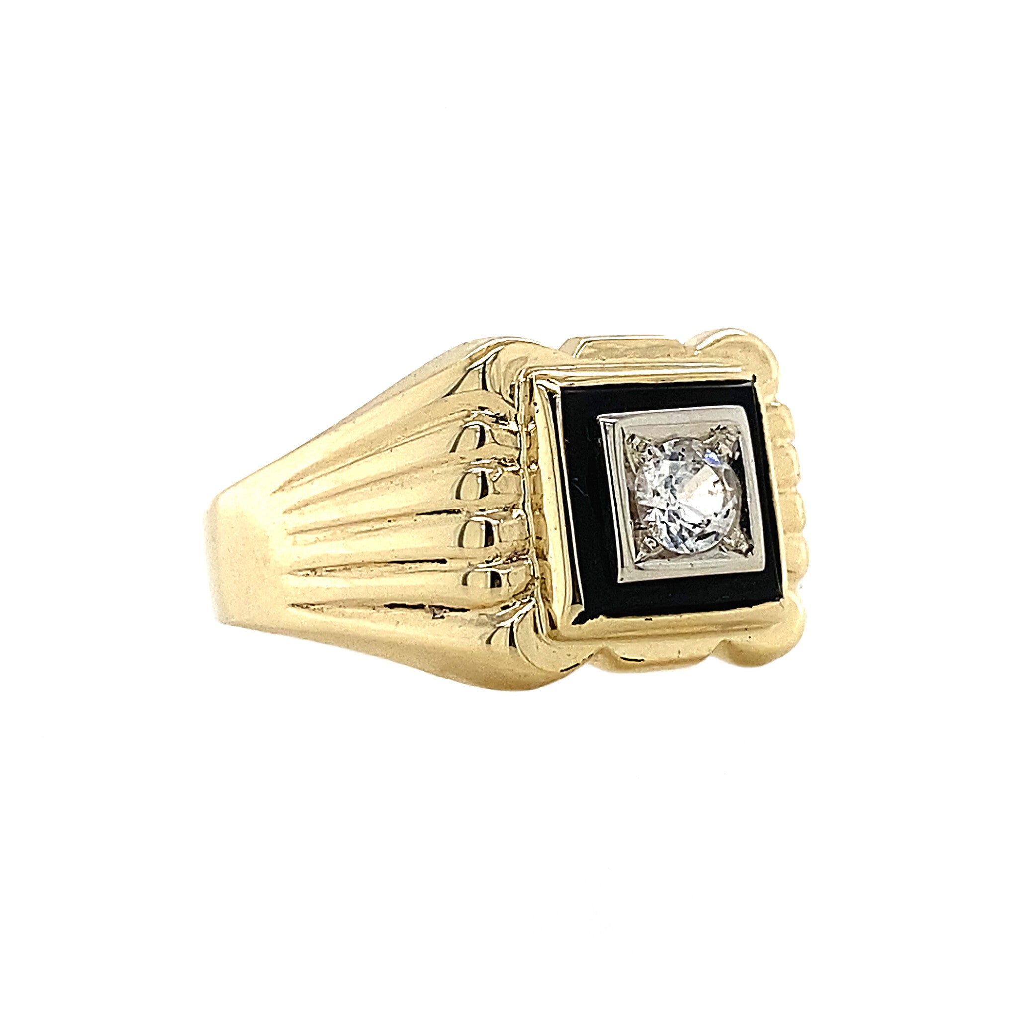 Gold ring with zirconia and onyx, 14 kt