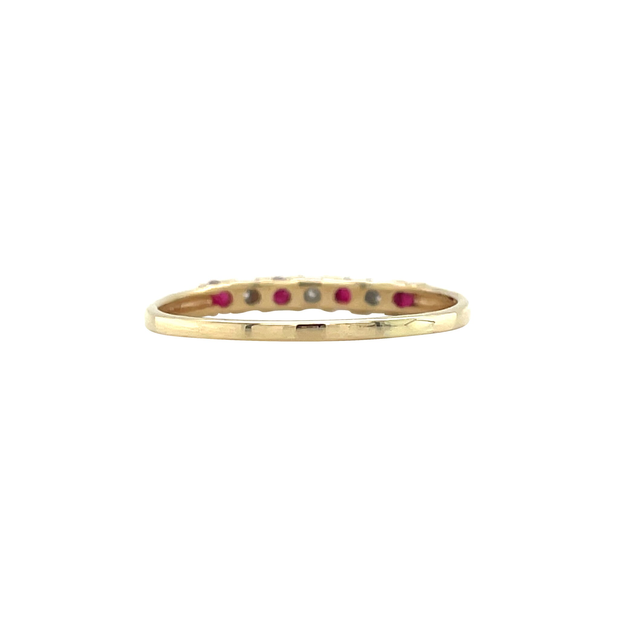 Gold vintage row ring with ruby and diamond 14 kt