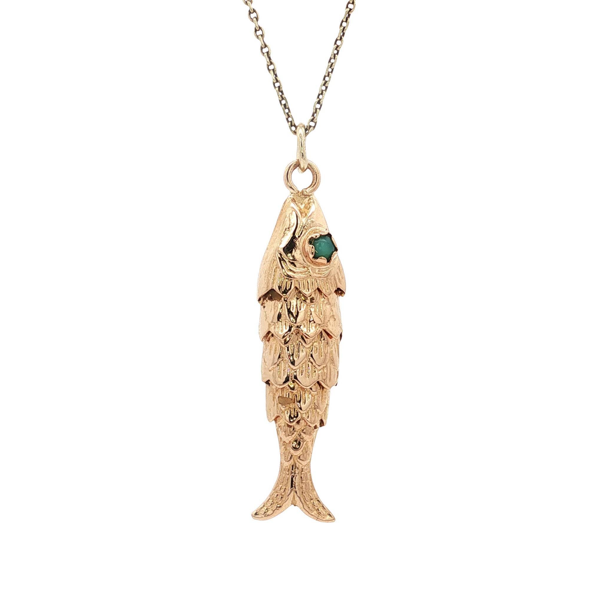 Gouden vintage vis hanger met kleursteen 14 kt