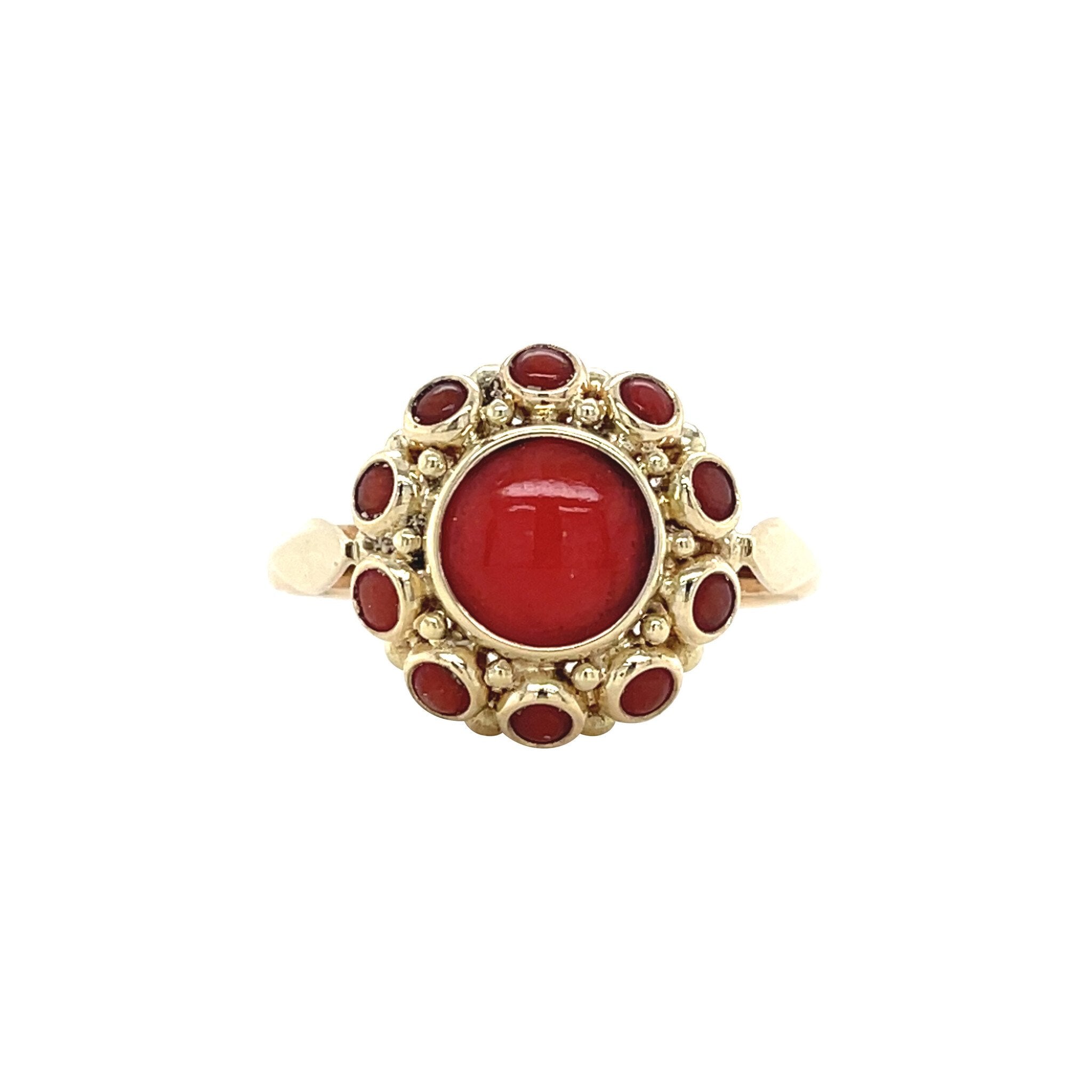 Vintage gold entourage ring with blood coral, 14 kt