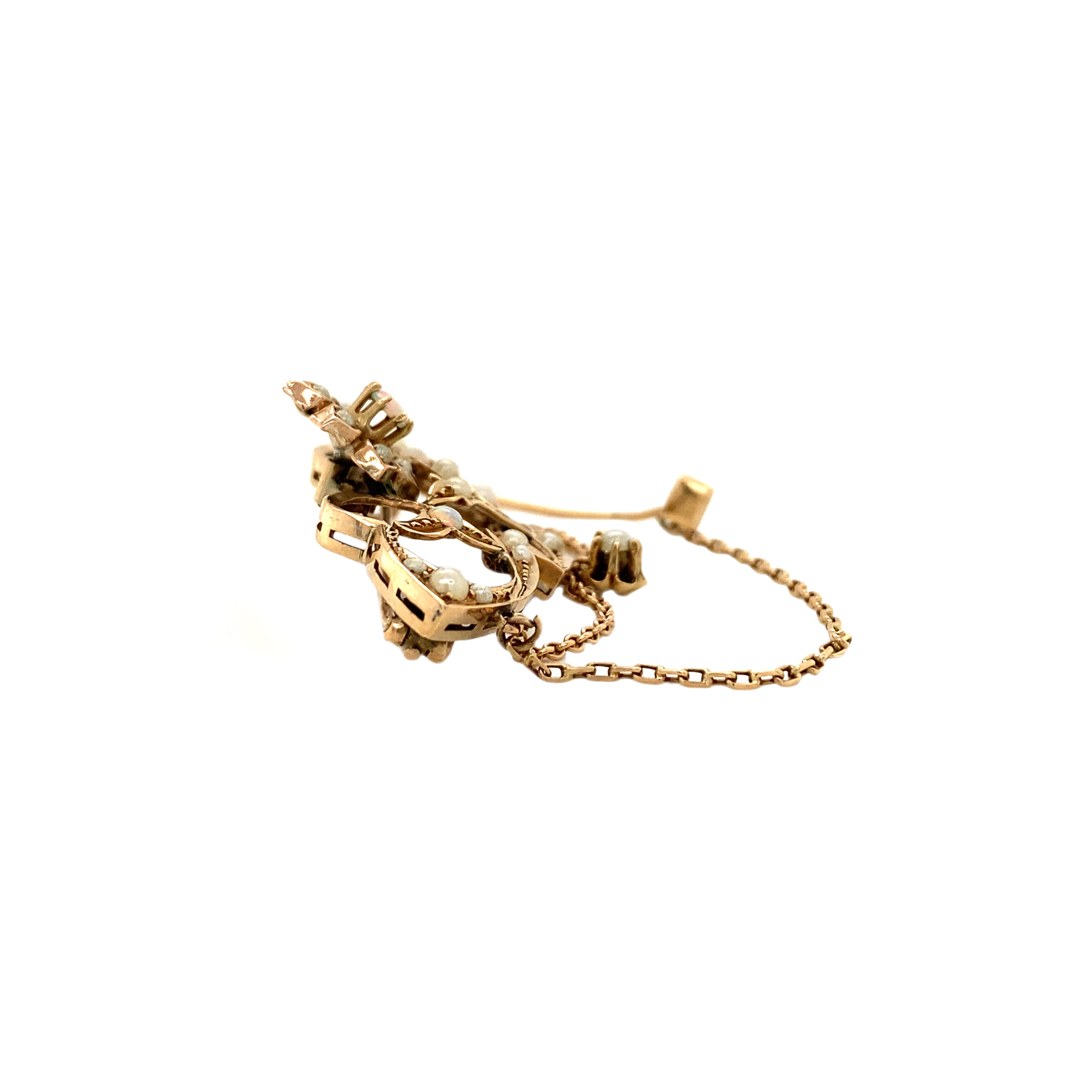 Rose gold brooch with pearl and opal 14 krt