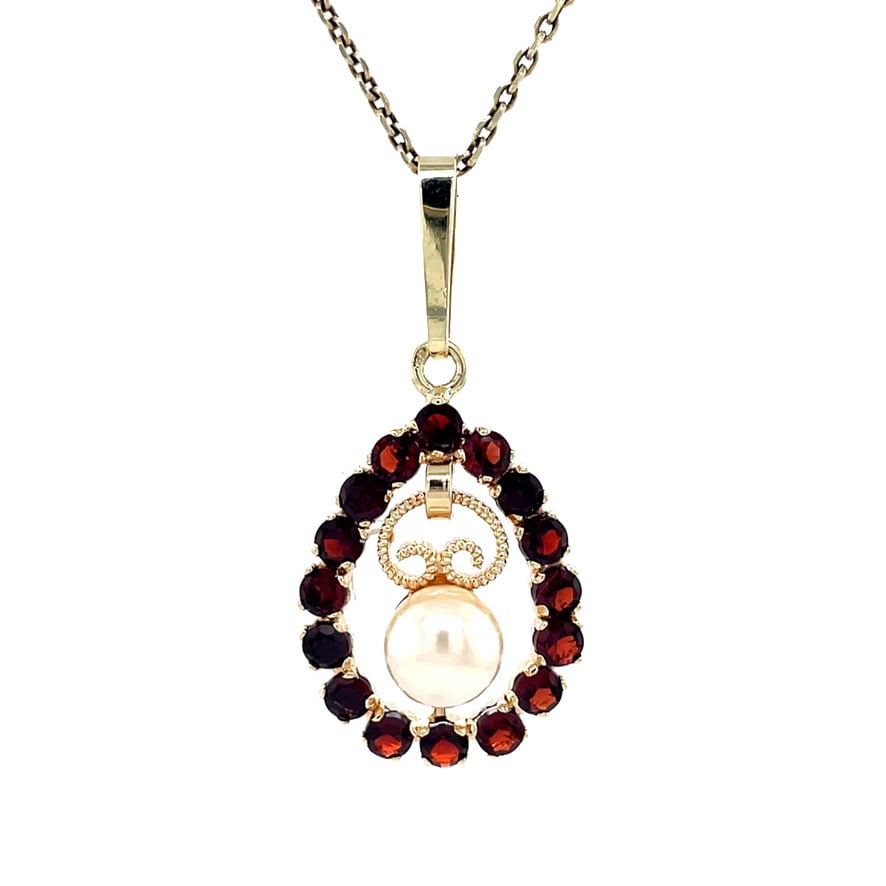 Gold vintage pendant with pearl and garnet, 14 kt
