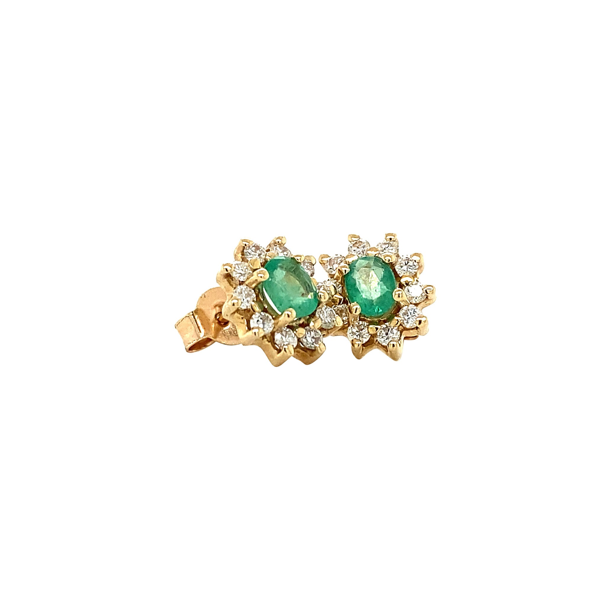 Gold entourage stud earrings with natural emerald and diamond 14 kt
