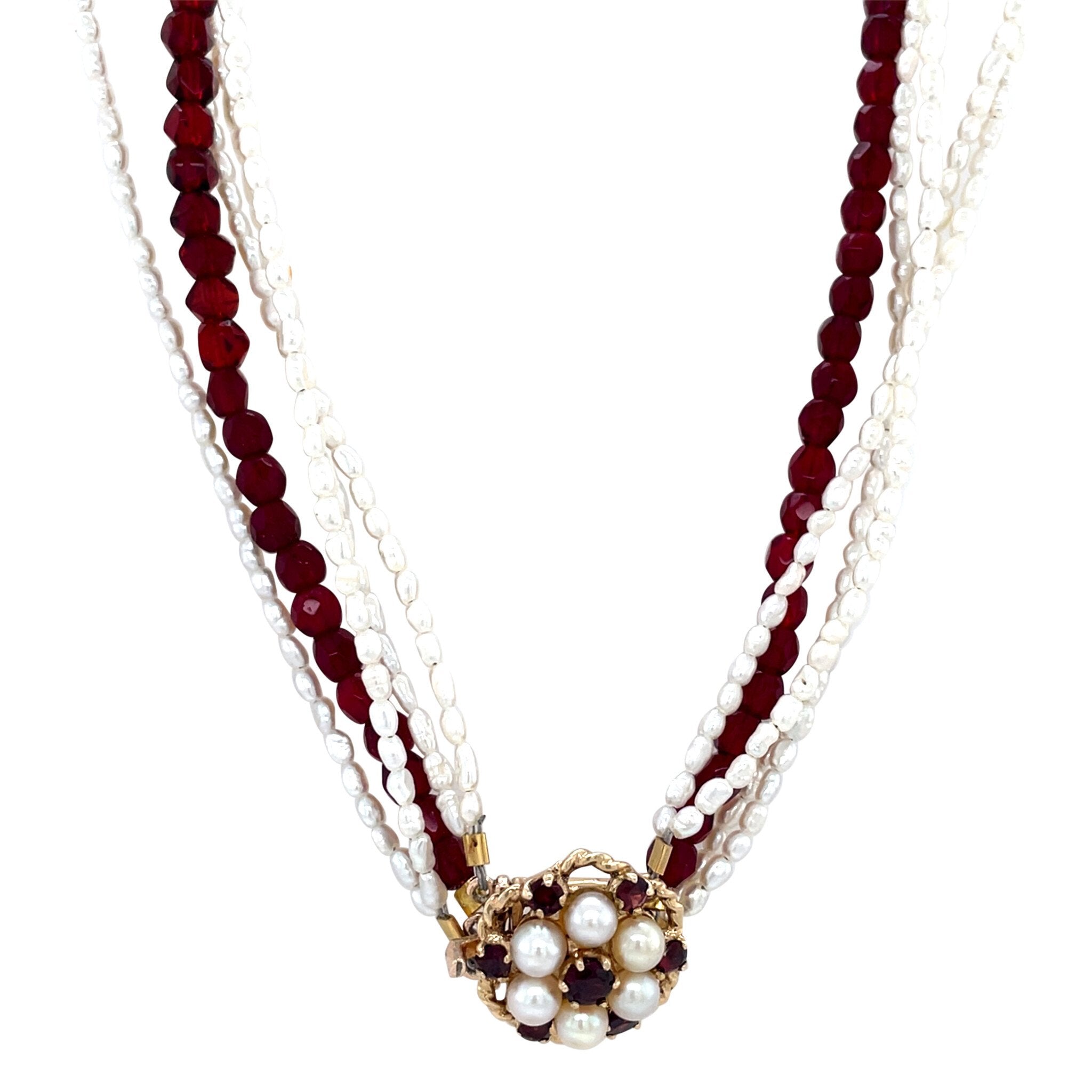 Vintage pearl and colored-gemstone necklace with double halo decorative clasp set with garnet and pearl, 9 kt
