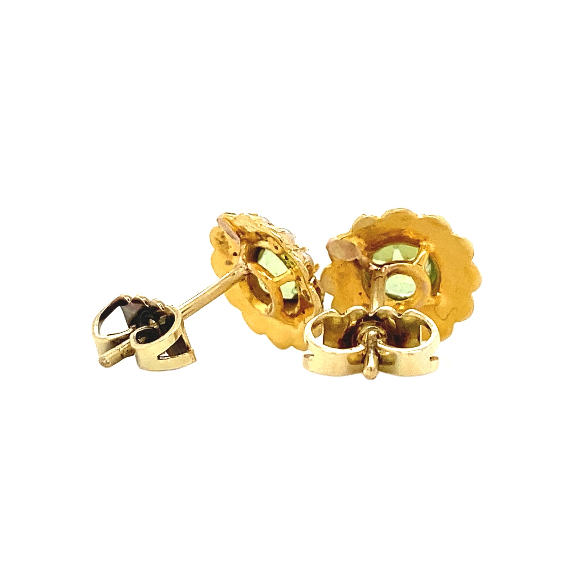 Gold entourage ear studs with peridote and pearl 14 krt
