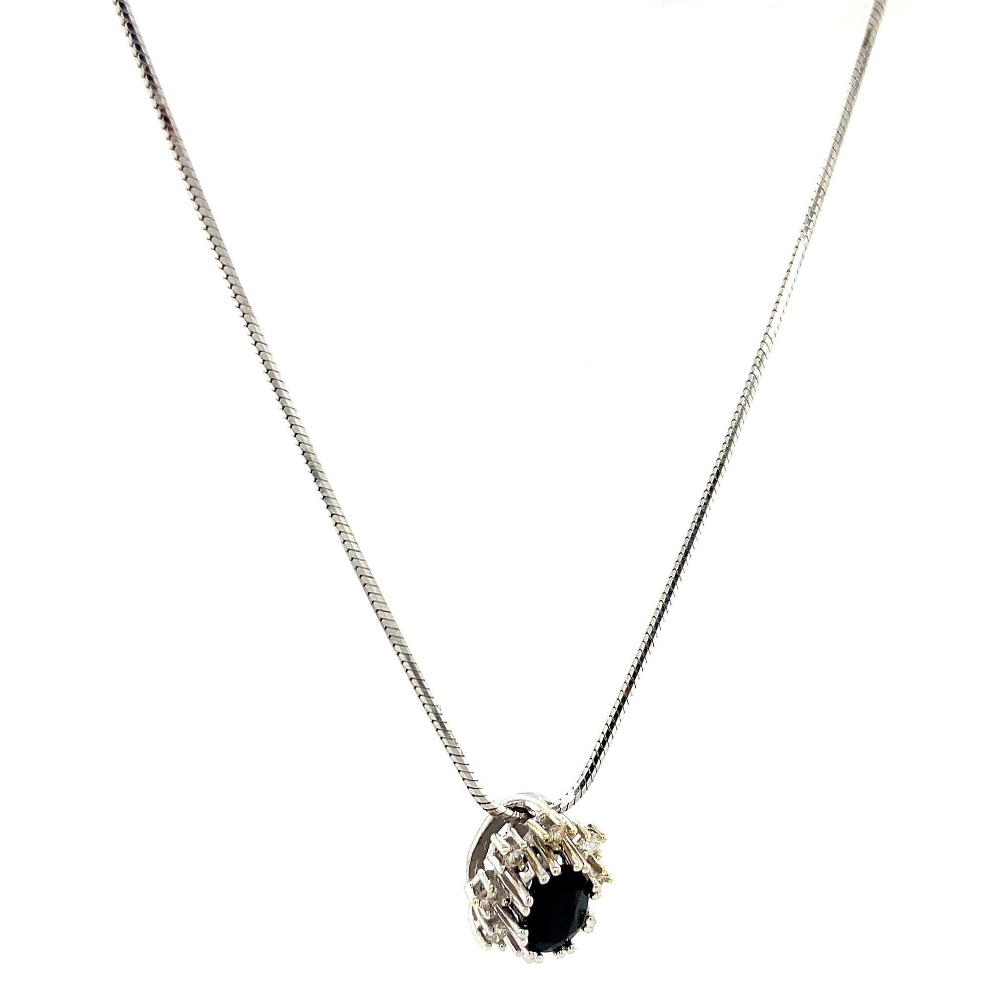 Witgouden collier slang met hanger met saffier en diamant 43 cm 14 krt