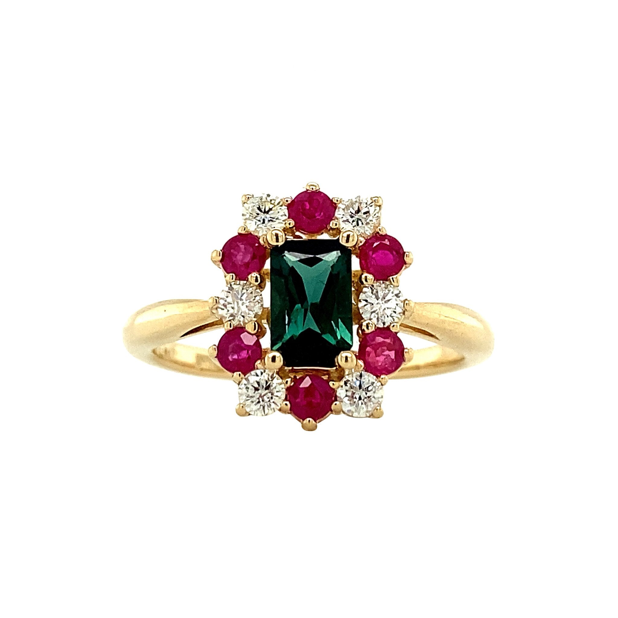 Gold cluster ring with tourmaline, natural ruby and diamond, 14 kt