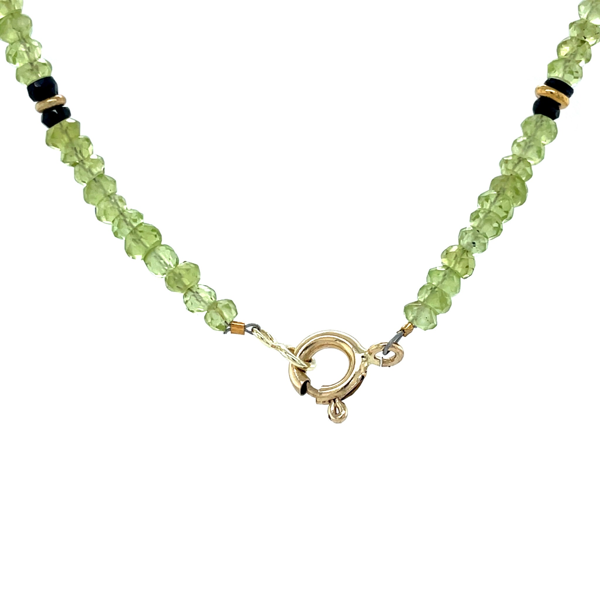 Peridot necklace with pearl and 14 kt gold clasp
