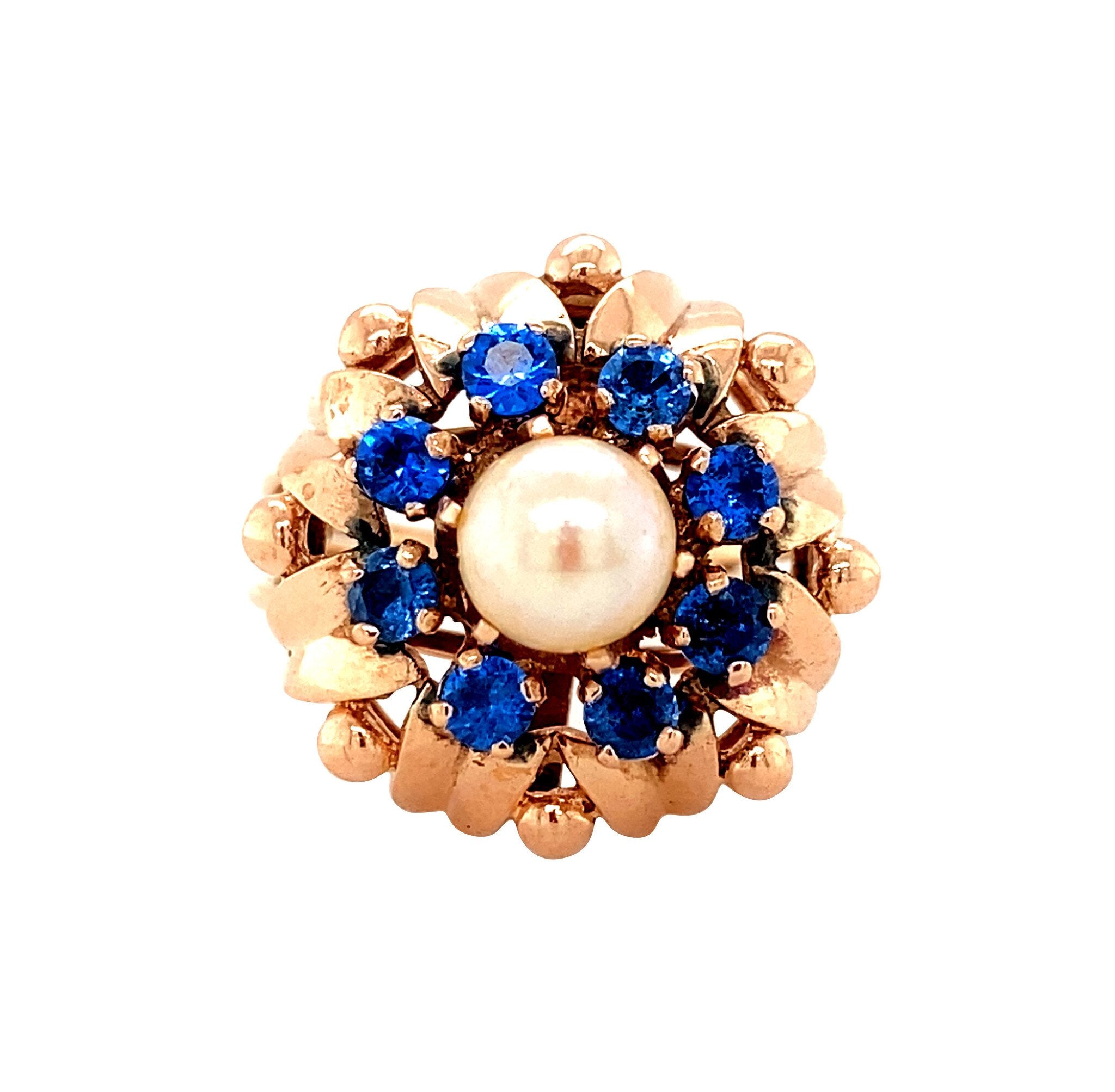 Rose-gold entourage ring with pearl and spinel 14 kt