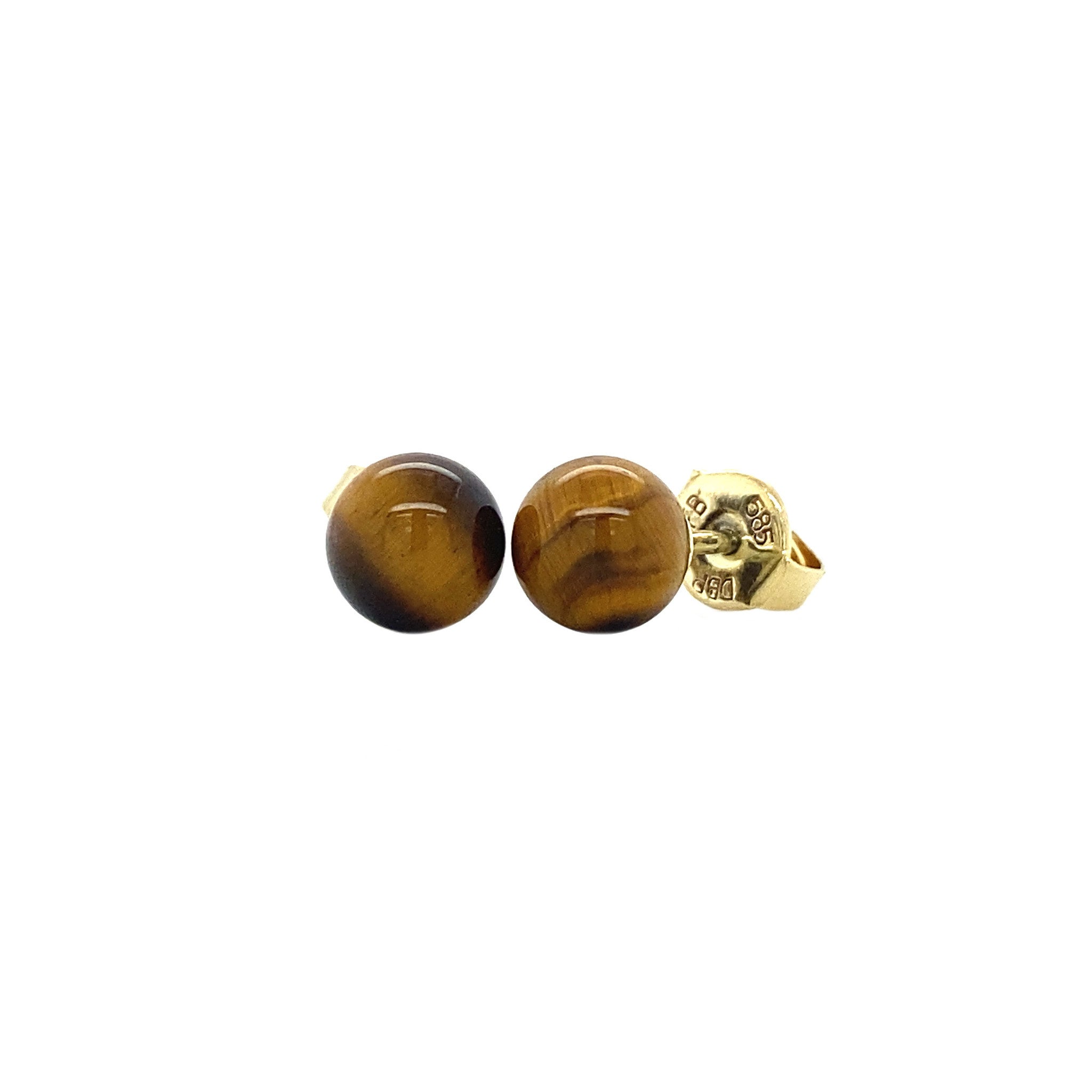 Gold stud earrings with tiger's eye, 14 kt