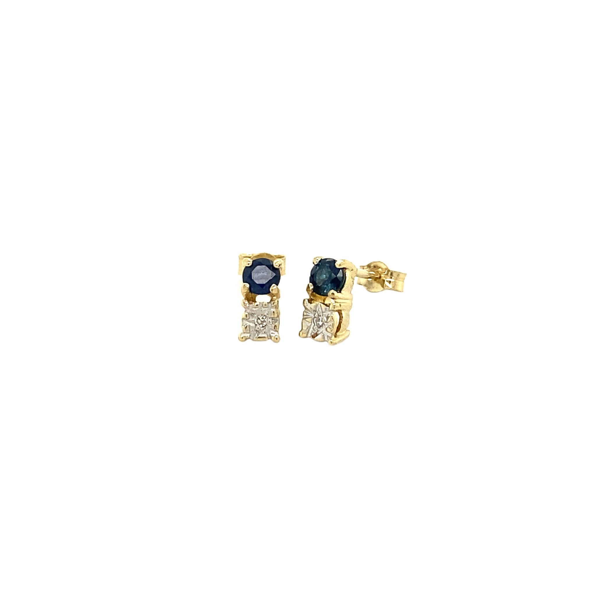 Gold ear studs with diamond and sapphire 14 krt