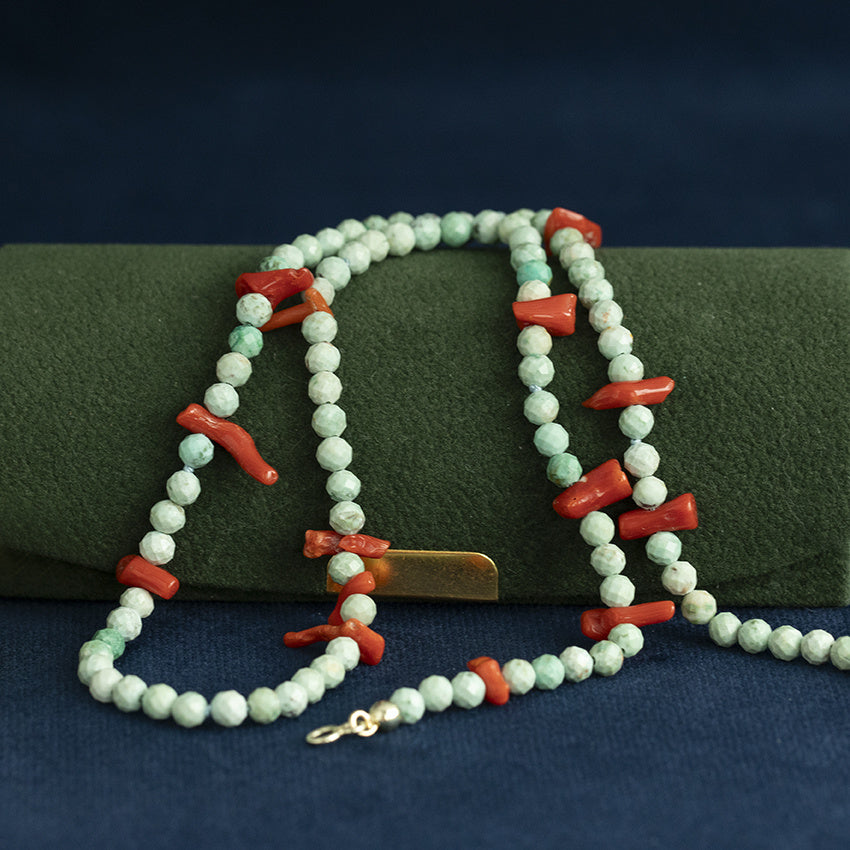 Turquoise necklace with red coral and 14 kt gold clasp