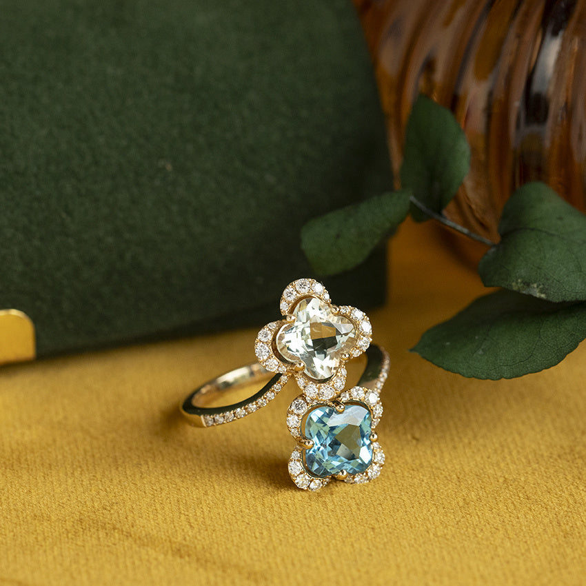 Gouden vintage entourage ring met topaas en prasioliet 14 kt