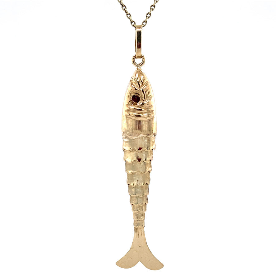 Vintage gold fish pendant with colored gemstone, 14 kt