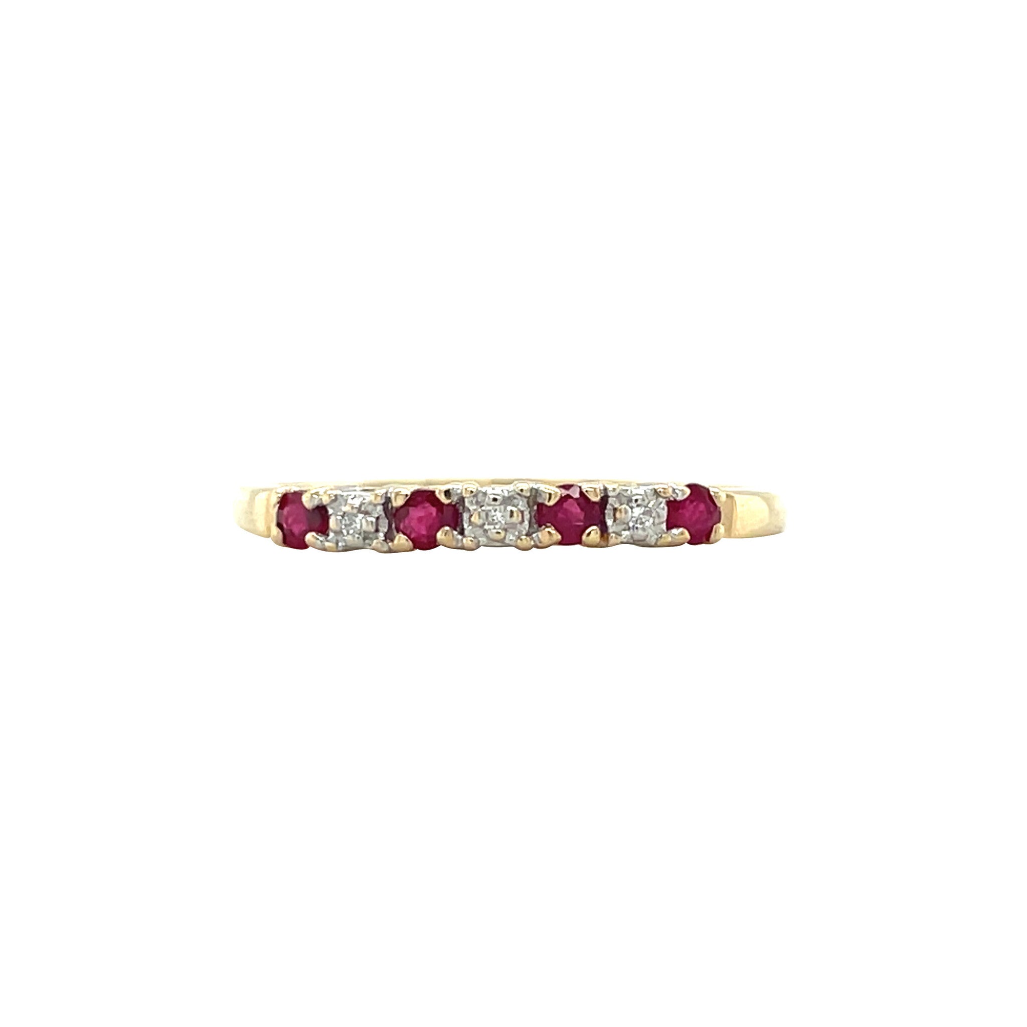 Gold vintage row ring with ruby and diamond 14 kt