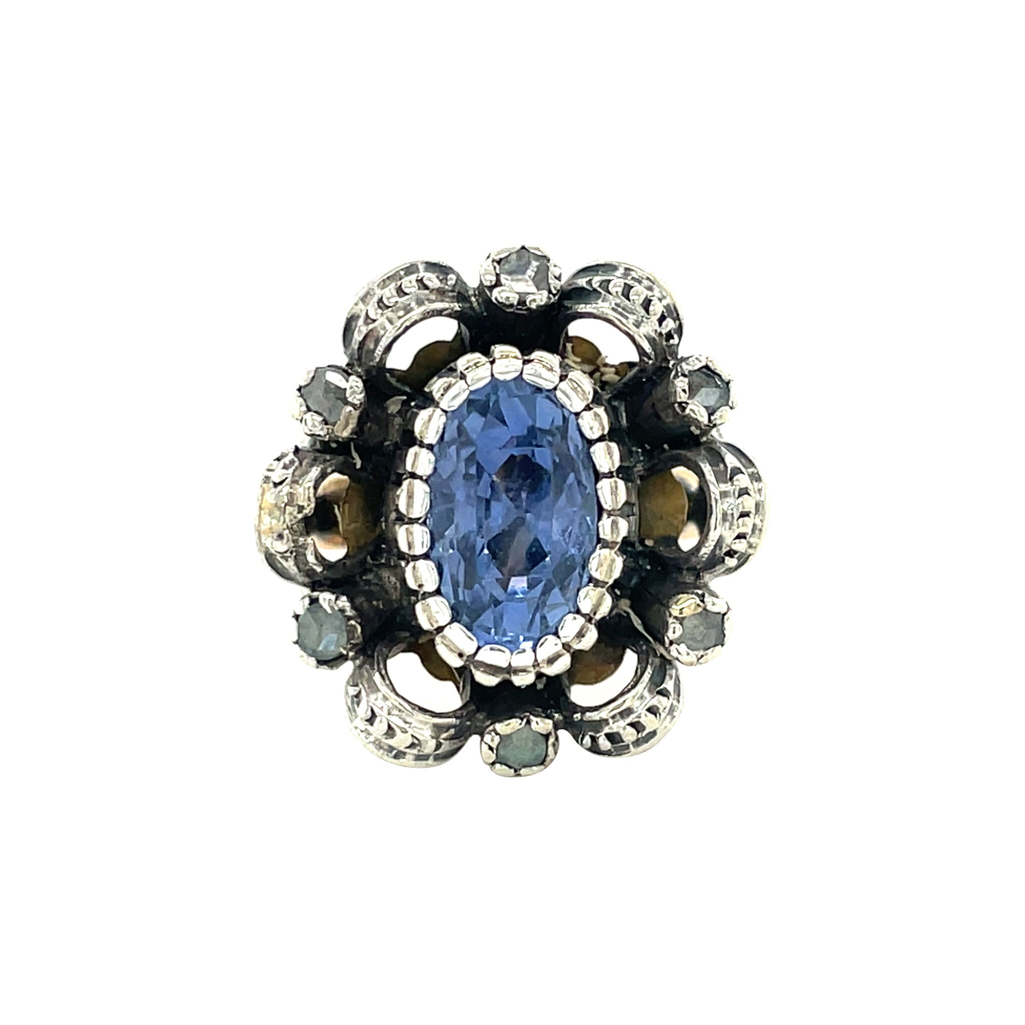 Gold vintage ring with sapphire and rose diamond 14 kt/925