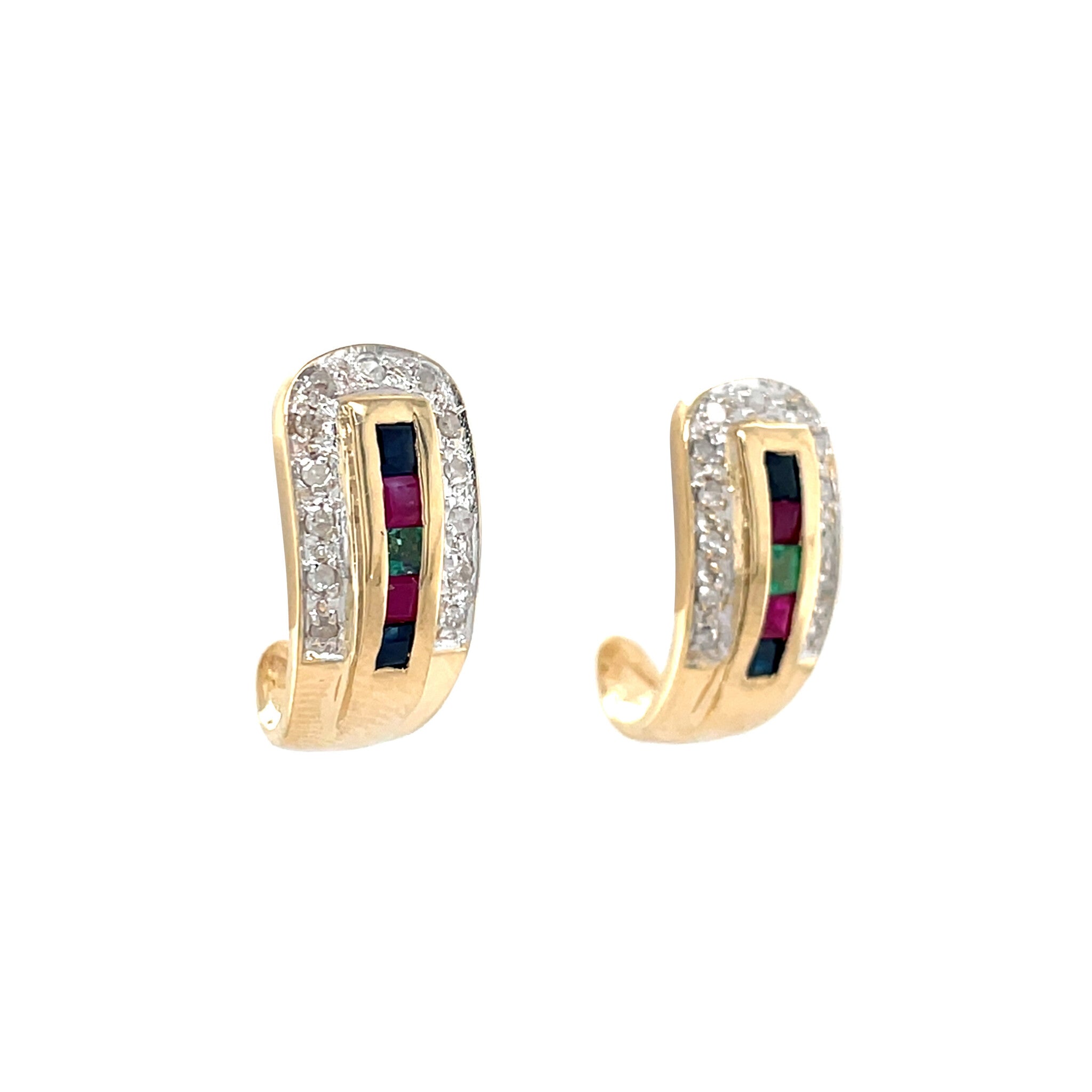 Gouden vintage oorstekers met diamant, robijn, saffier en smaragd 18 krt