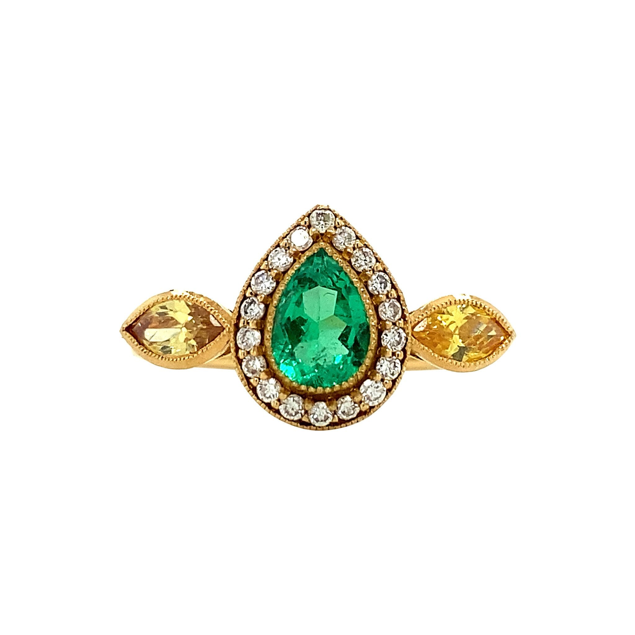 18 kt gold ring with moissanite, emerald and diamond