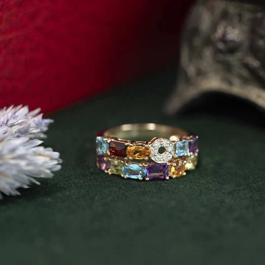 Vintage 14 kt gold ring with garnet, amethyst, peridot, citrine, topaz and diamond