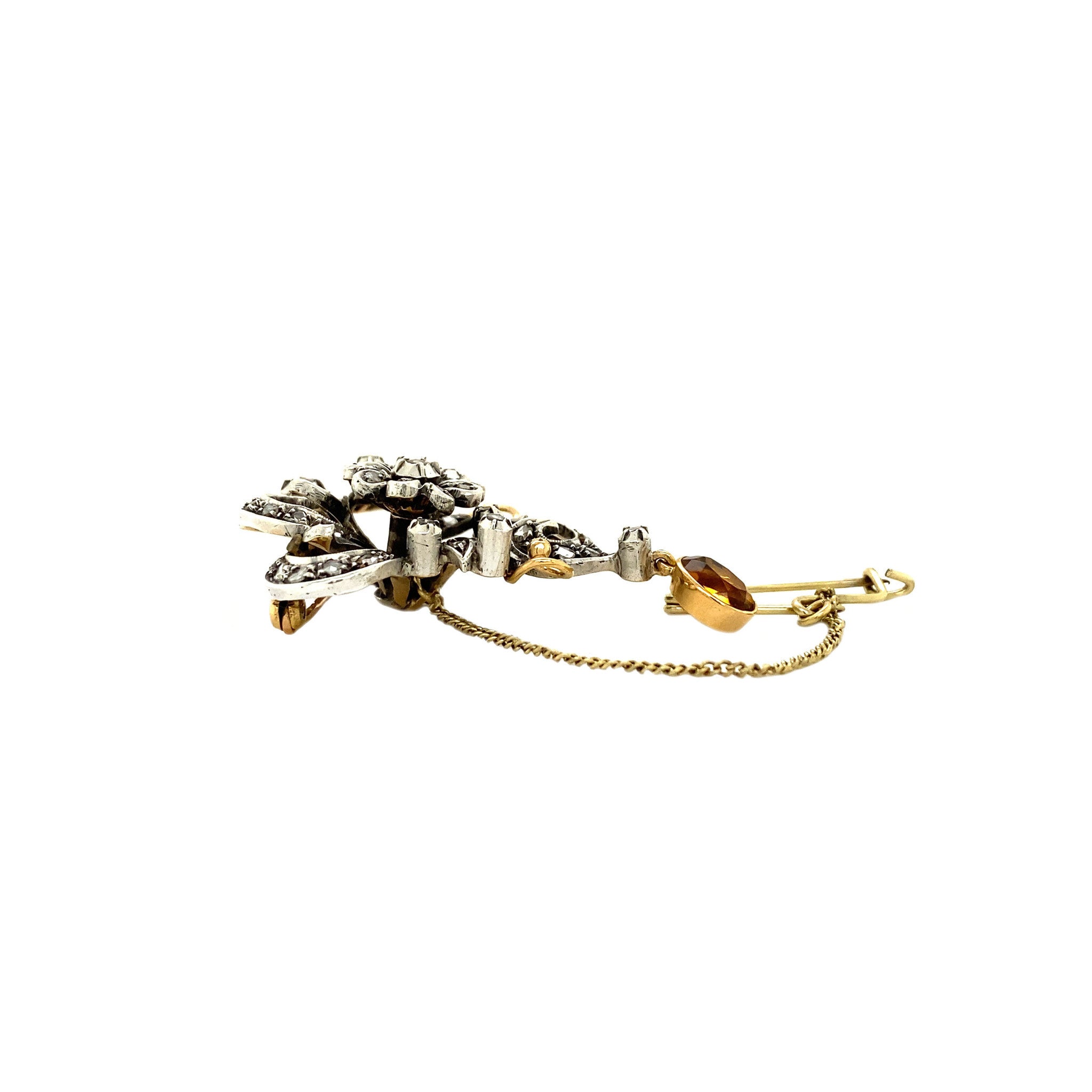 Gold brooch with rose-cut diamond set in silver, 14 kt/925