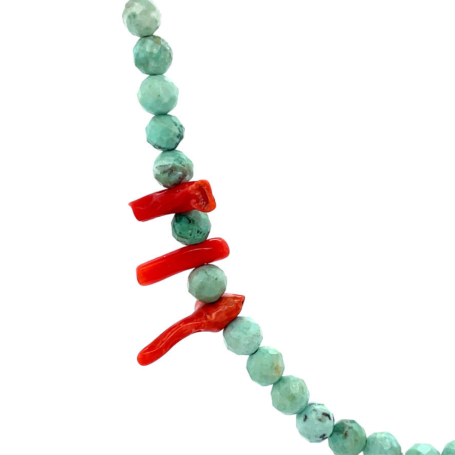 Turquoise necklace with red coral and 14 kt gold clasp