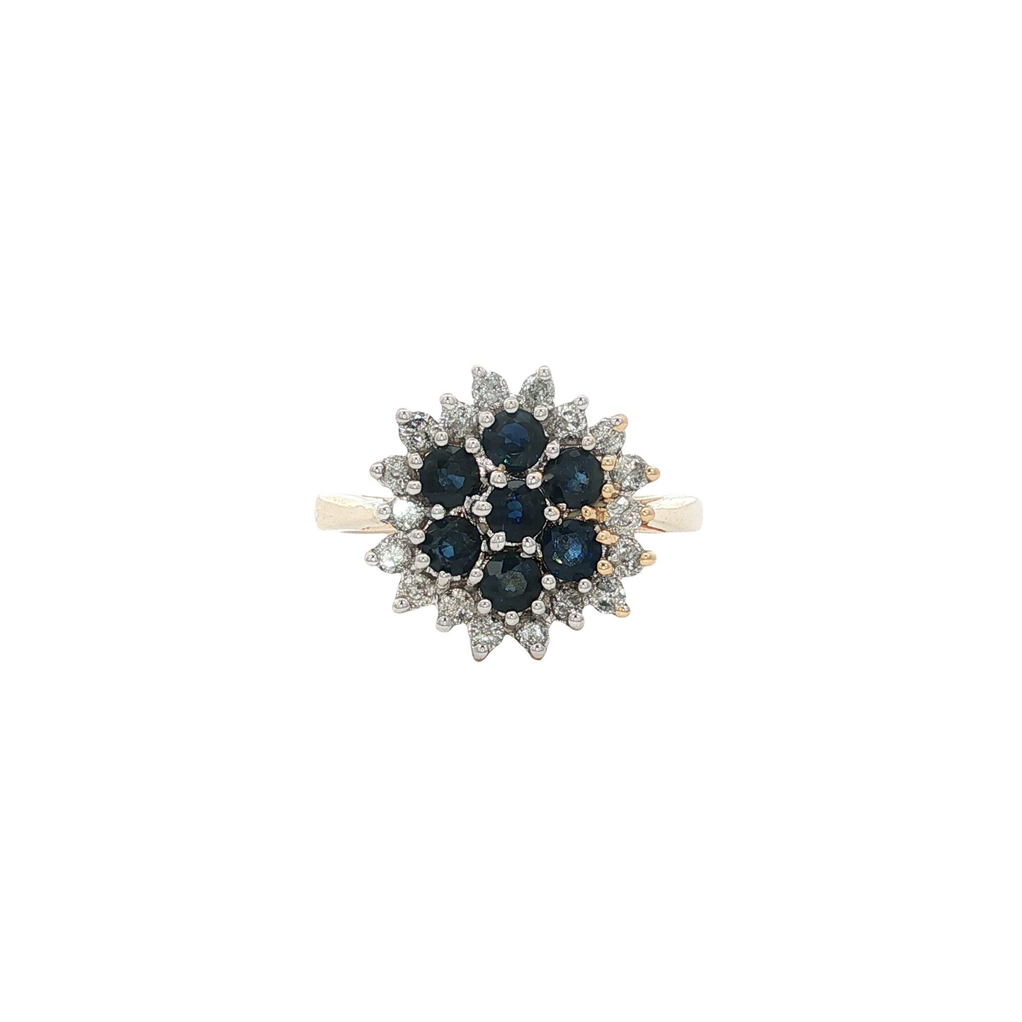Vintage gold entourage ring with sapphire and diamond, 14 kt