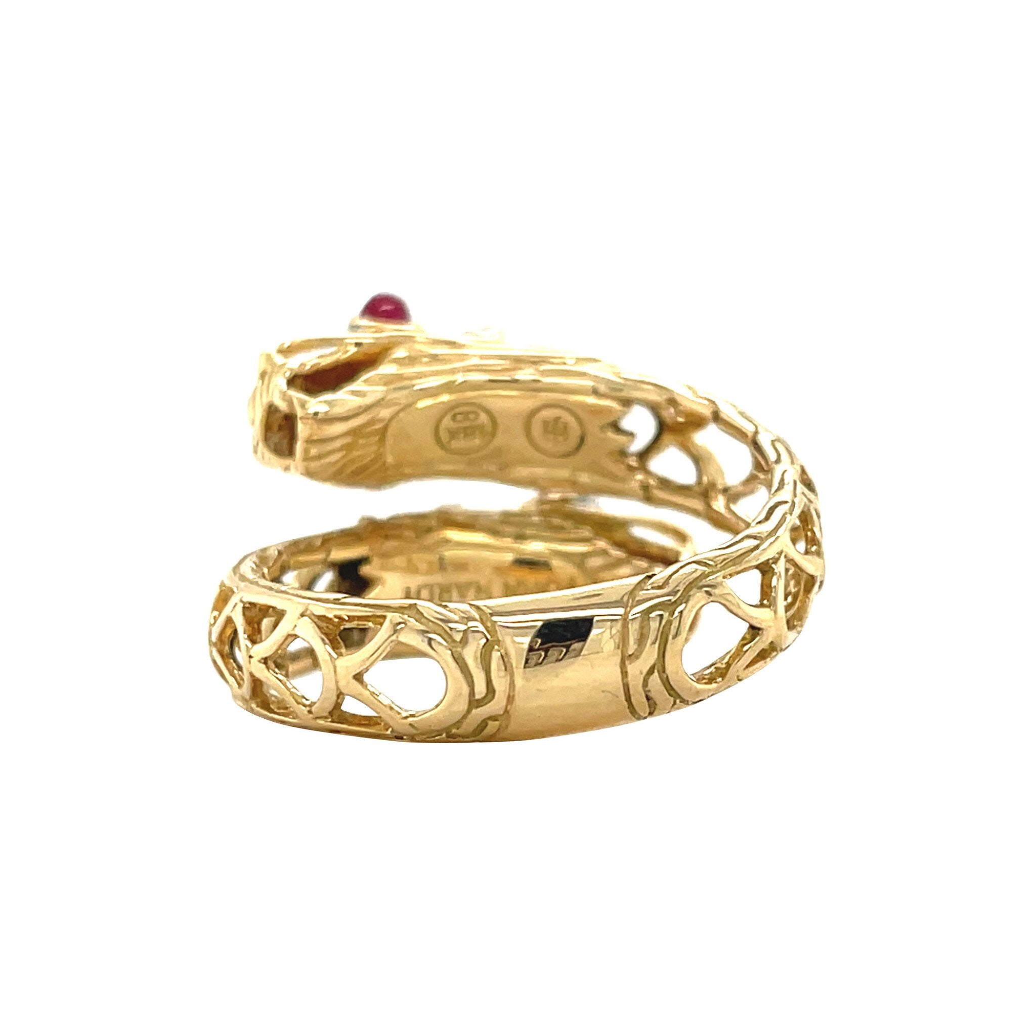 Gouden vintage John Hardy Naga ring met robijn en diamant 18 kt