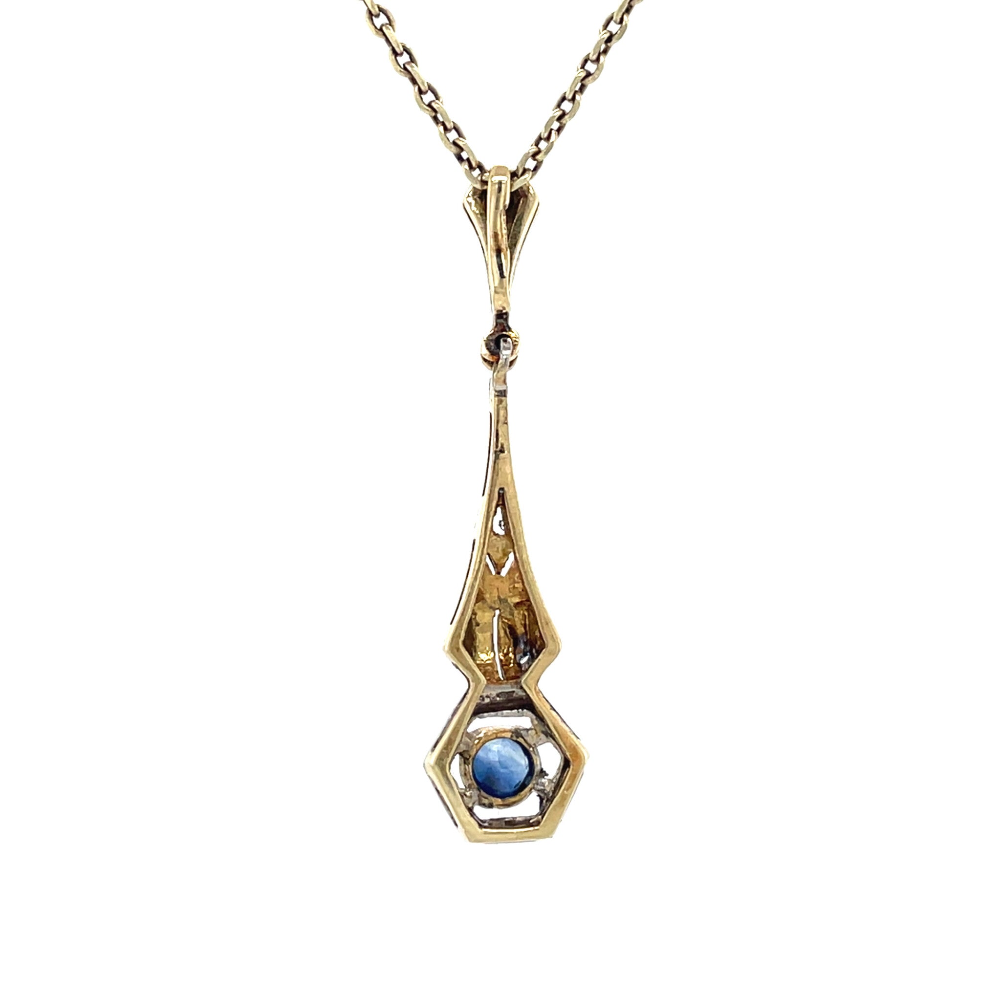 Bicolour golden vintage art deco pendant with sapphire and diamond 14 kt