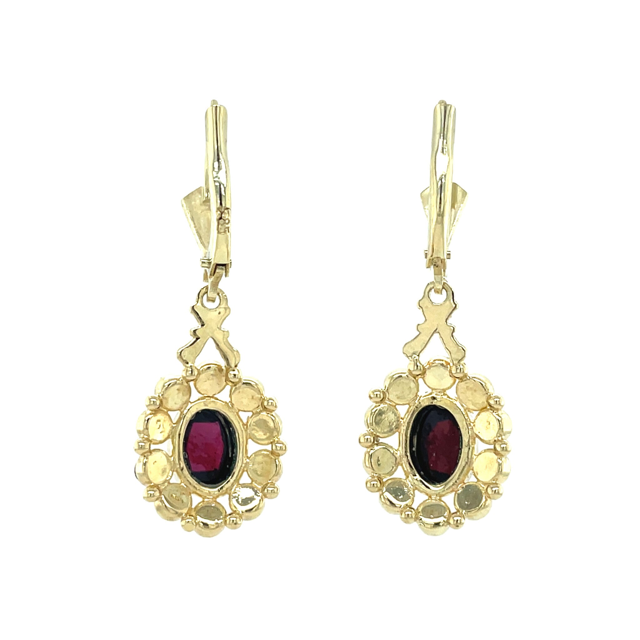 Gouden vintage entourage oorhangers met granaat 14 kt