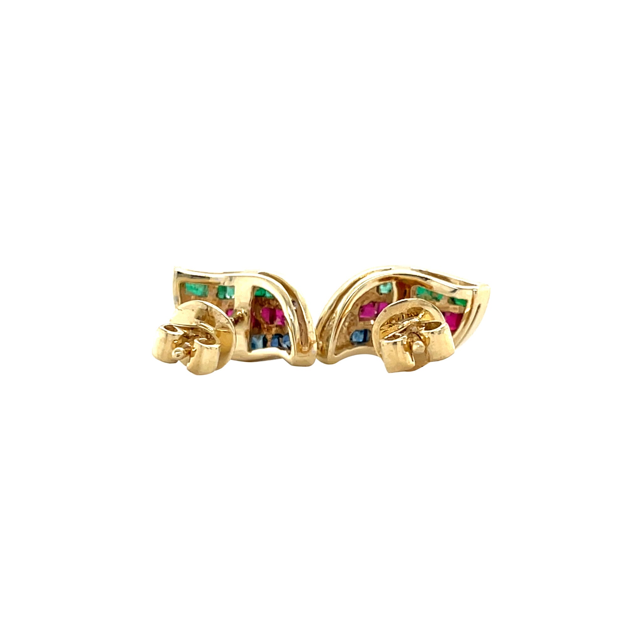 Gouden vintage oorstekers met robijn, smaragd, saffier en diamant 14 krt