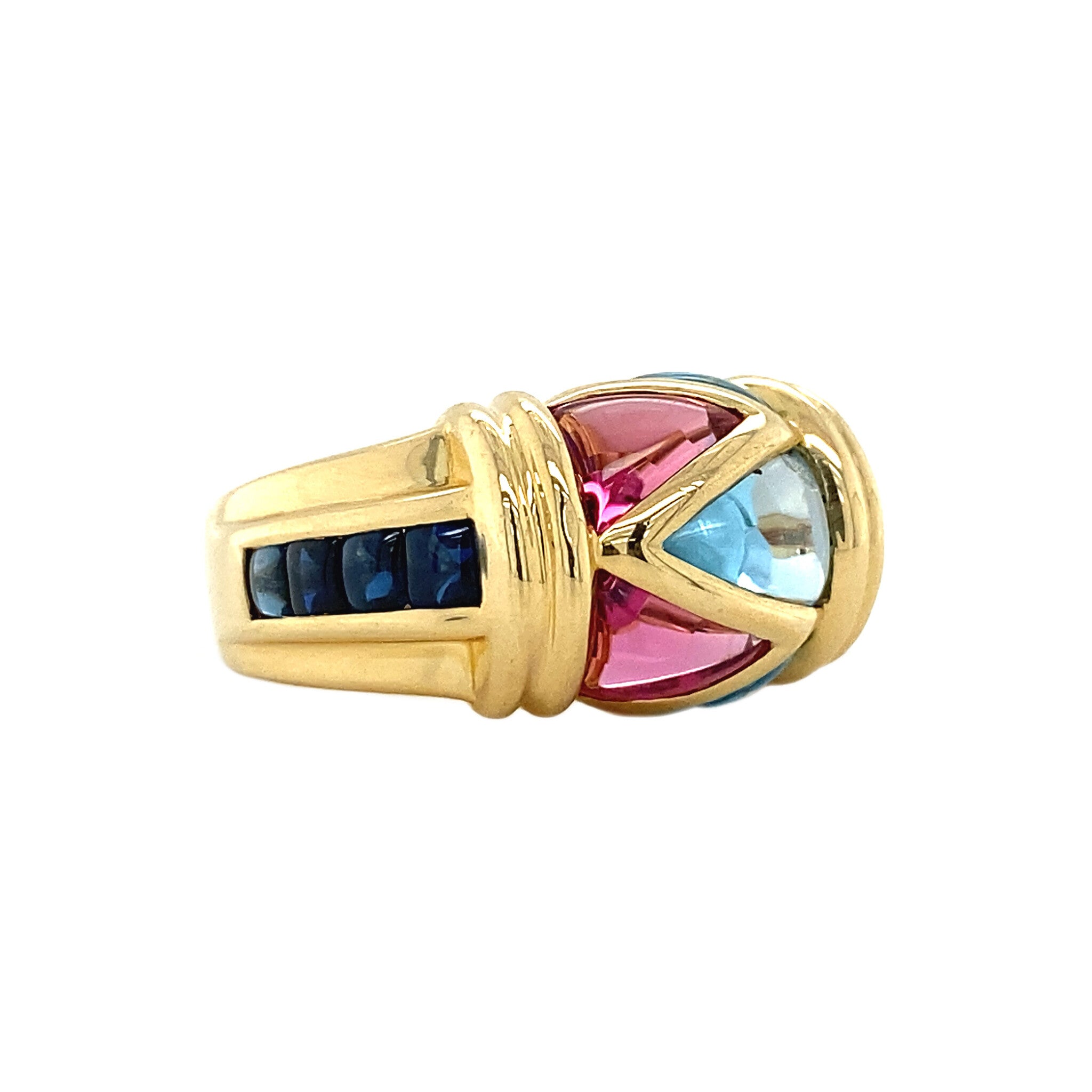 18 kt gold ring with sapphire and pink and blue topaz