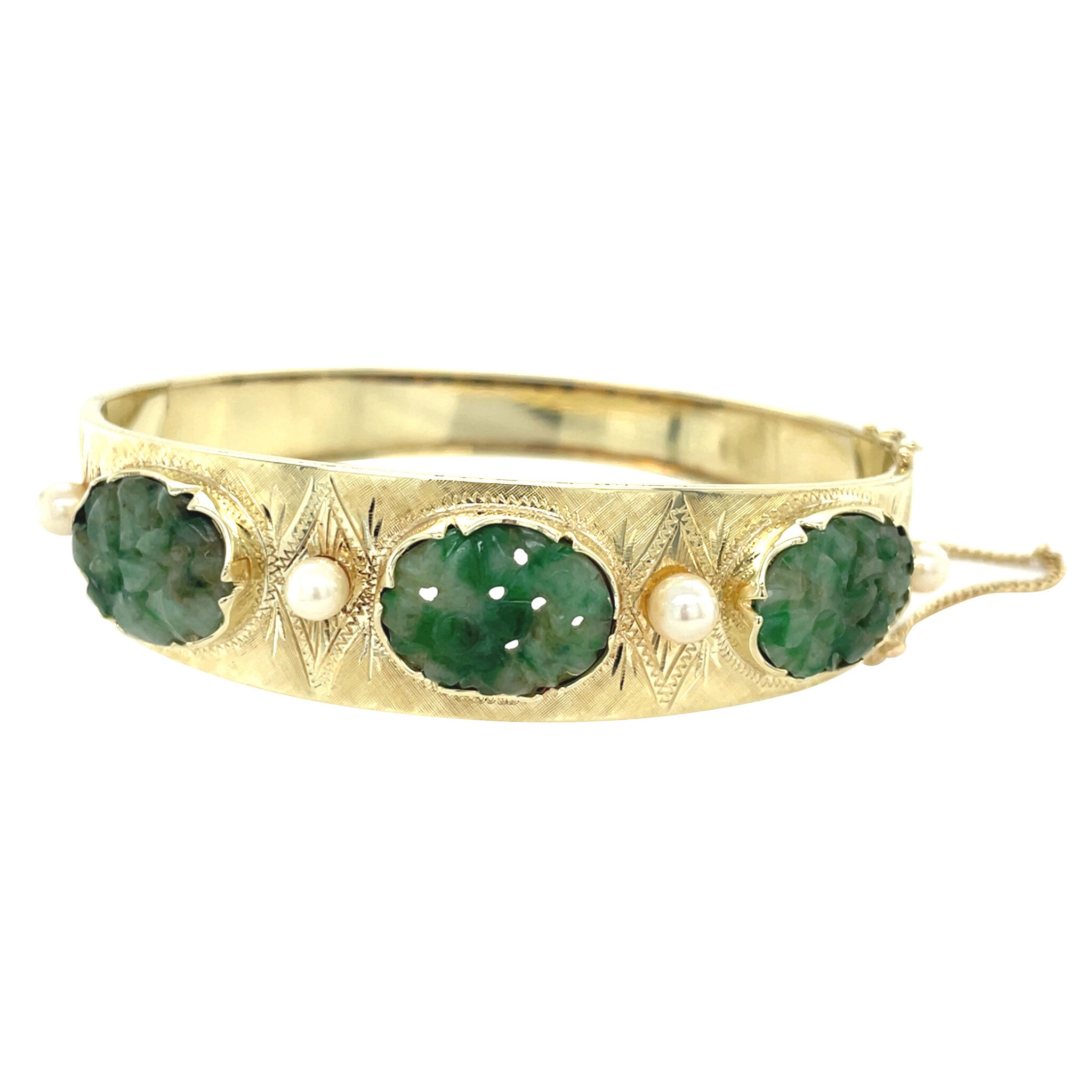 14 kt vintage gold bangle with jade and pearl